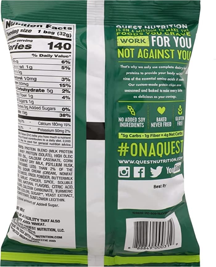 Image of Quest Nutrition Protein Chips, Sour Cream & Onion, 21g Protein, 3g Net Carbs, 130 Cals, 1.1 oz Bag, 1 Count, High Protein, Low Carb, Gluten Free, Soy Free, Potato Free (Pack of 2)