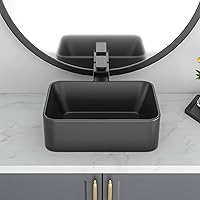 Vista 3 de Lavabo de baño negro de 16 x 12 pulgadas, lavabo de apoyo rectangular para baños, de cerámica, sobre mostrador, lavabo rectangular de baño, lavabo