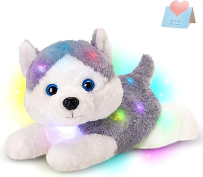 Houwsbaby 13 Gray Light Up Husky Stuffed Animal Dog Soft Plush Night Light Puppy Toy Hugging Pillow Companion Holiday Christmas Birthday Present for Kids Boys Girls Toddlers