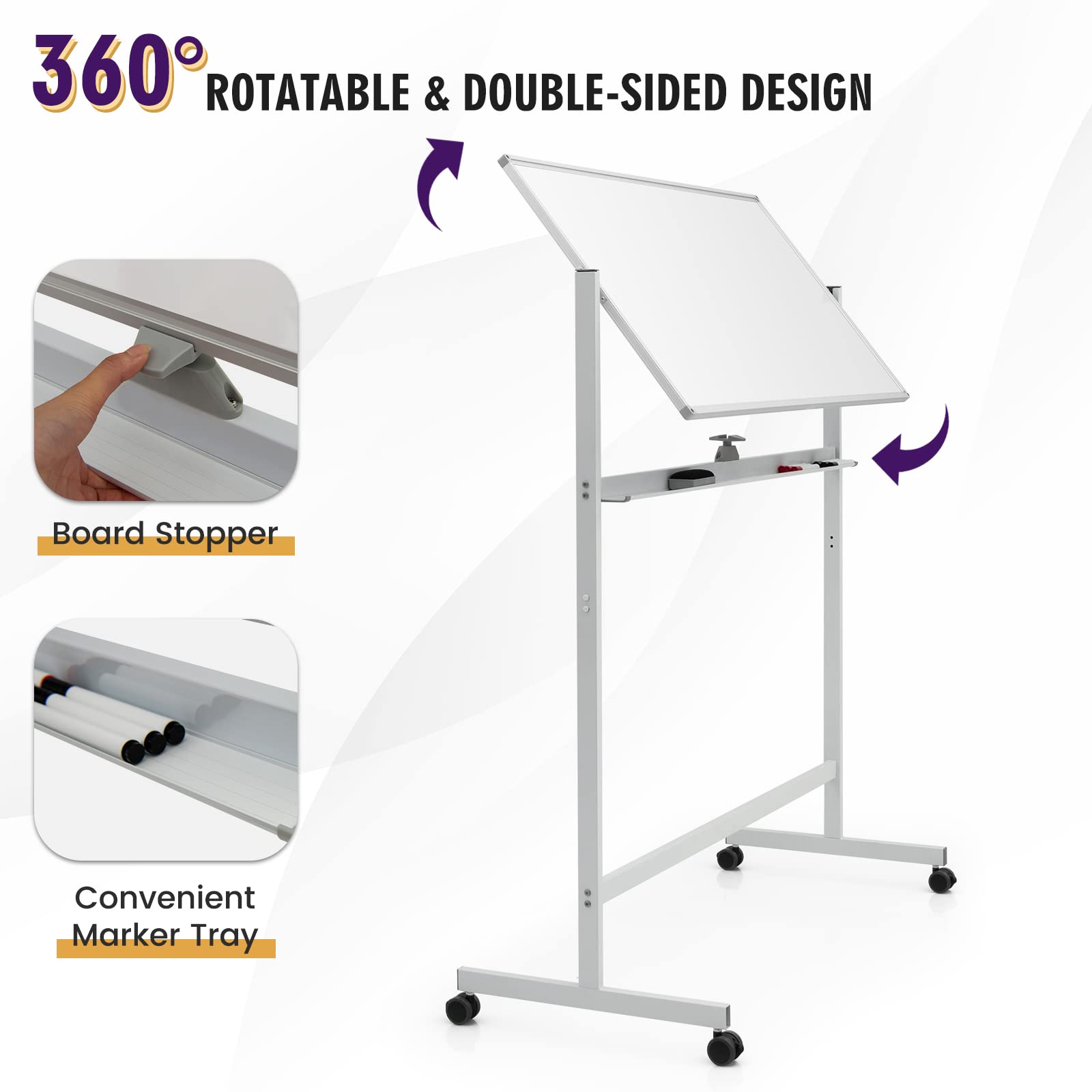 GIANTEX 120 x 60 cm Pizarra Magnética de Doble cara con Ruedas, Altura Regulable en 360° con 6 Marcadores, 12 Imanes y 1 Borrador, Pizarra Reversible para Oficina, Hogar, Escuela (Blanco)