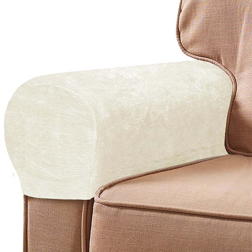 ZHULONGRUSHUI 2 Pcs Stretch Chenille Armrest Covers,Soft Armrest Cover for Chairs and Sofas,Couch Arm Covers,Armchair Slipcovers for Recliner with Twist Pins(Ivory)