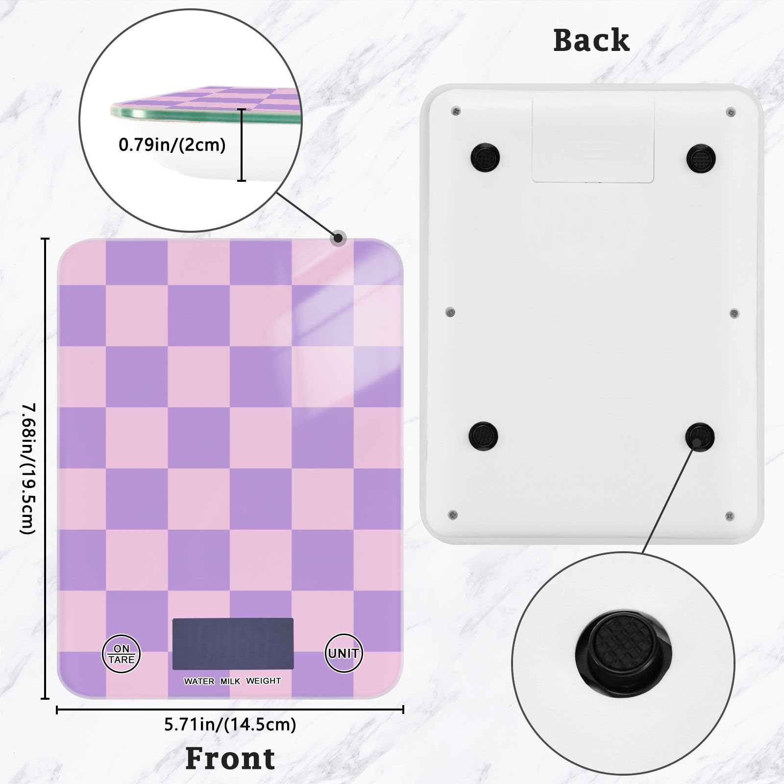Báscula de cocina para hornear, cocinar, pesaje digital de alimentos, báscula de medición pequeña, impermeable, báscula eléctrica de alimentos a cuadros, color morado