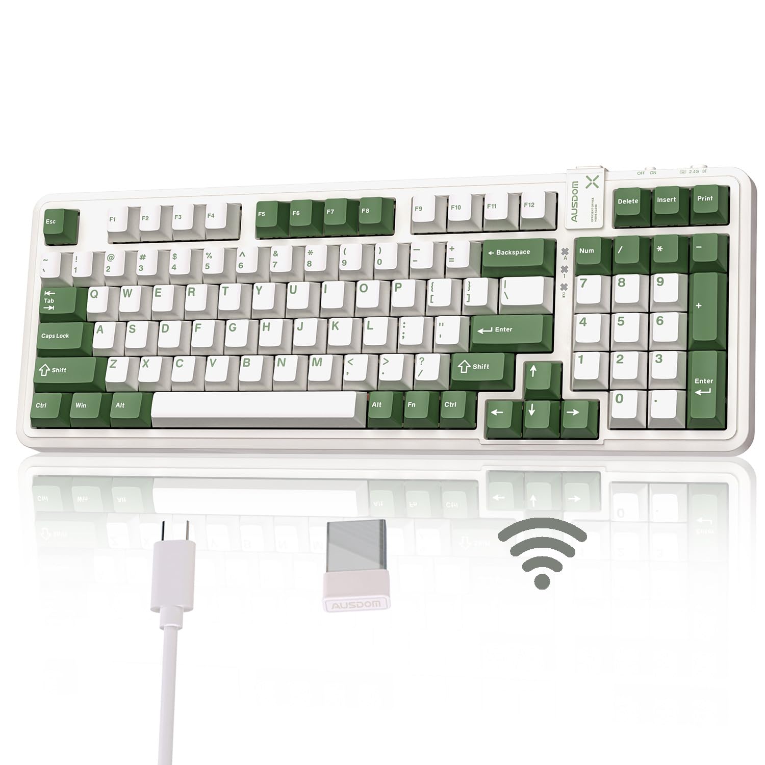AUSDOM 98Pro Wireless Mechanical Keyboard, Tri-Mode BT/2.4GHz/USB-C Hot Swappable Custom Gaming Keyboard with Backlit, Gasket Structure, Linear Switches for Windows/Mac/PC (Green&White 97keys)