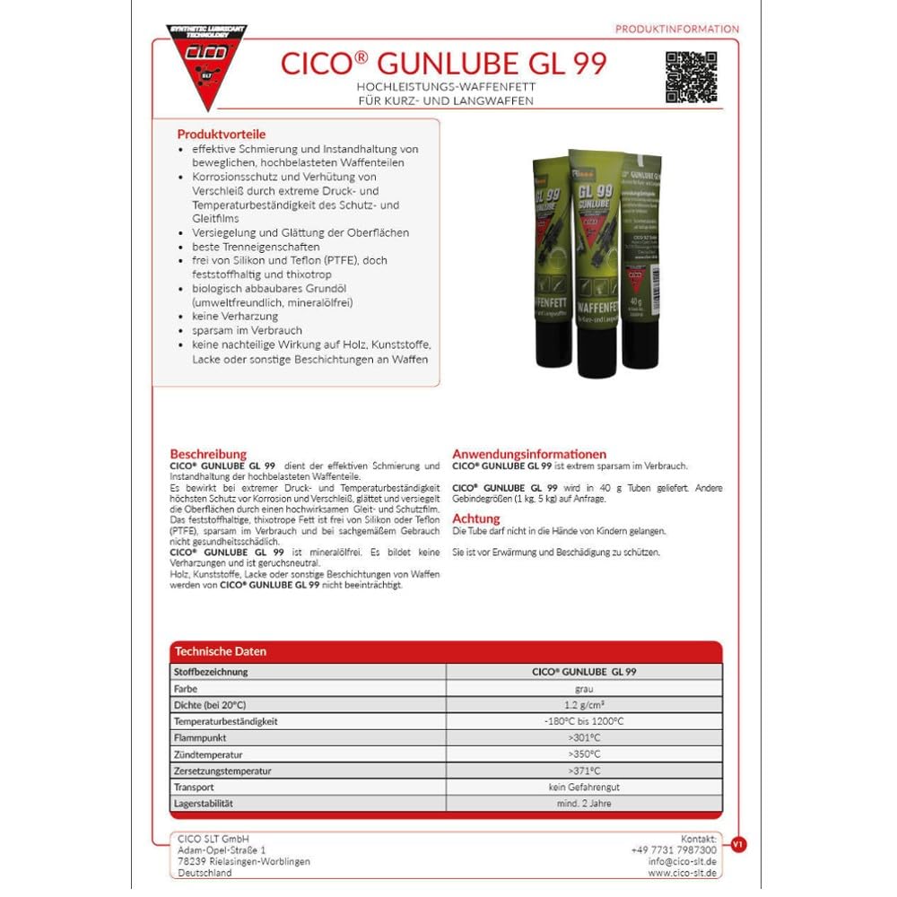 CICO Gunlube GL 99 - Hochleistungs-Waffenfett für Kurzwaffen und Langwaffen Fett 40g Schmierfett biologisch abbaubar - effektive Schmierung und Instandhaltung