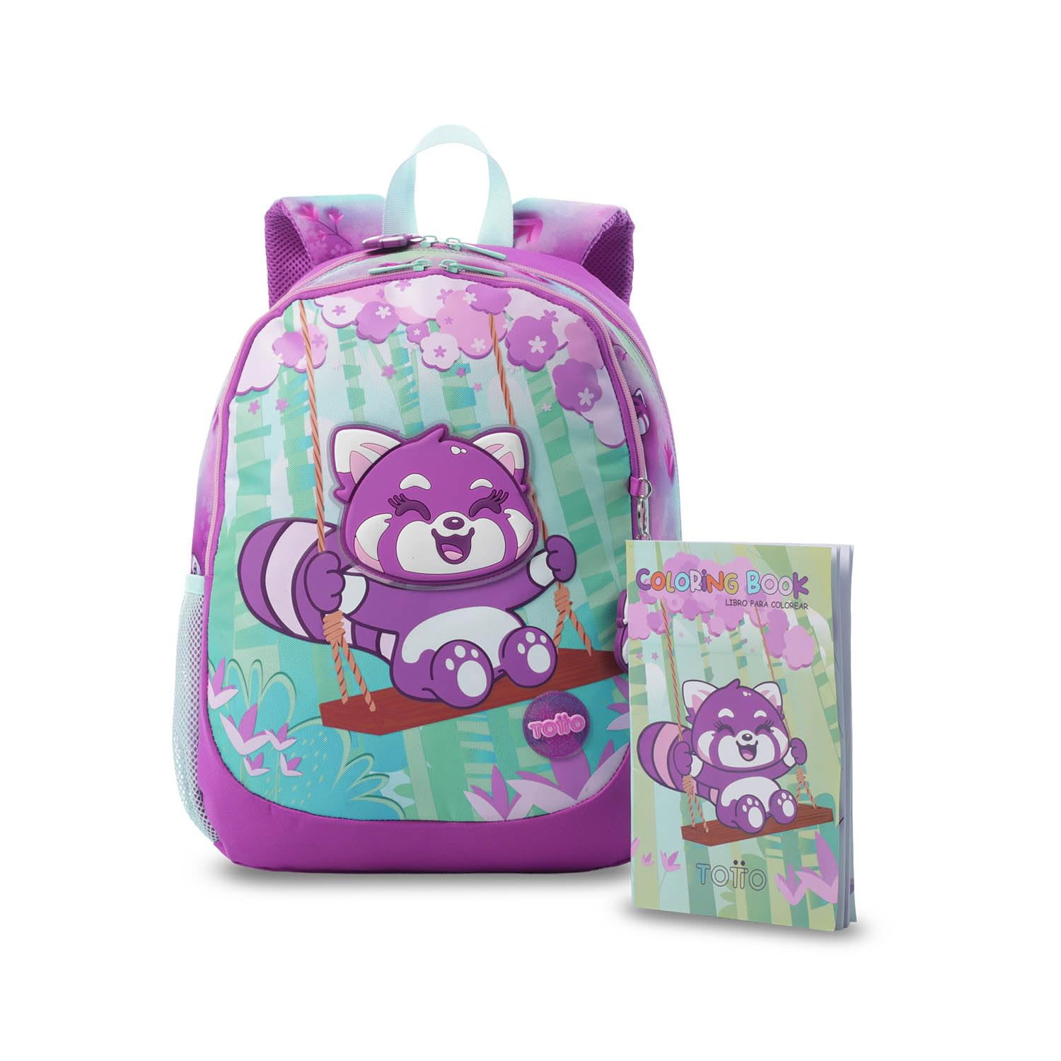 TOTTO - Pack Escolar X2 Mochila Escolar Bambu M + Libro para Colorear, Mochila Mediana, Capacidad 18L, Bolsillos Botella, Cómodas Correas en S Ajustables, Set Material Escolar, Estampado Bambu Rosa