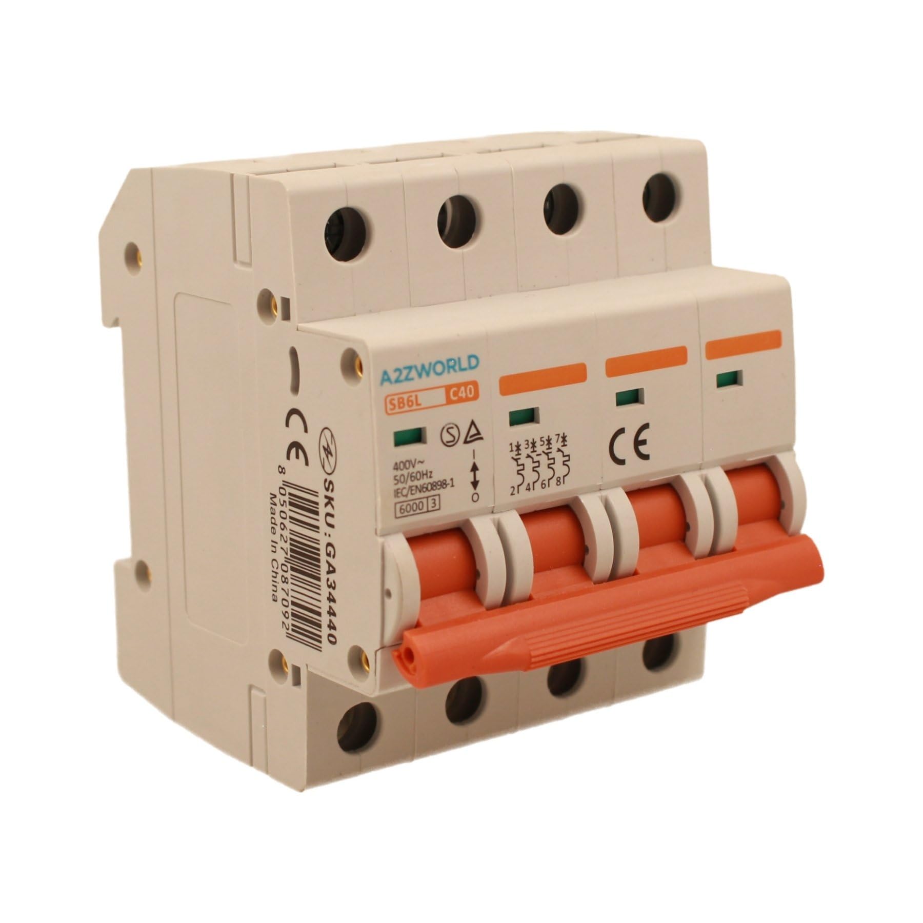 Interrupteur magnétothermique triphasé 4P 40A C40, courbe C 6kA, 4 modules DIN 380 V AC, certifié IEC60898-1, série SB6L