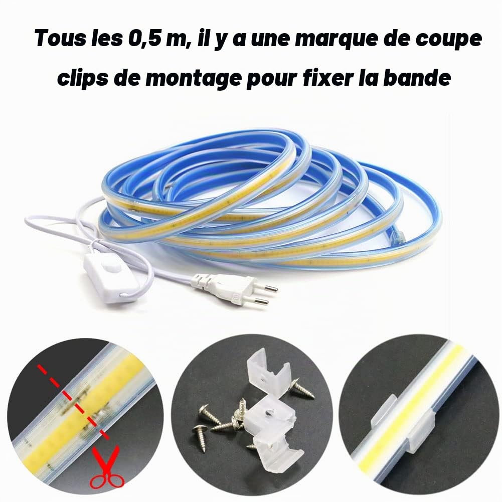 pcning 220V Bandeau COB LED 3M Blanc IP67 Étanche 280 LEDS/M Bande Flexible Ruban Lampe 4000K 3M 220 V (Blanc, 3)