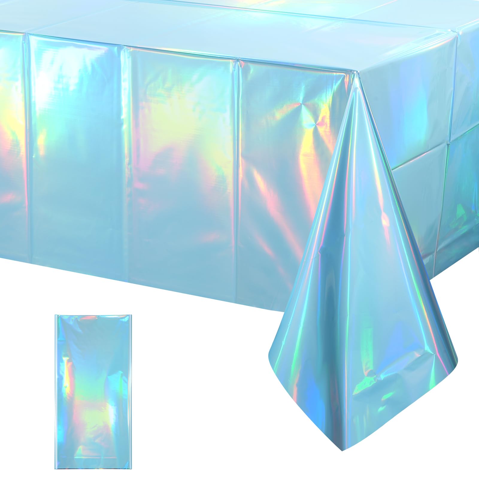 Photo 1 of 1 Pack Iridescent Light Blue Tablecloth for Parties, Pastel Blue Holographic Plastic Table Cover, Disposable Laser Baby Blue Table Cloth for Birthday Wedding Baby Shower Party Decorations, 54x108 Inch