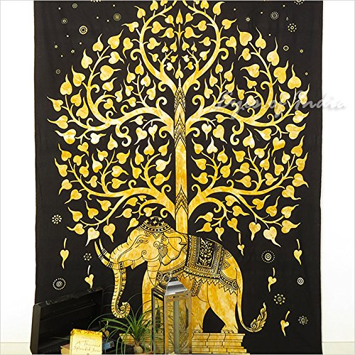 Eyes of India - Amarillo Tribal Indio Mandala Decorativo Colcha Tapiz Playa Cuarto Boho Bohemio - Elefante Marrón, 54 X 84 in. (137 X 213 cm)