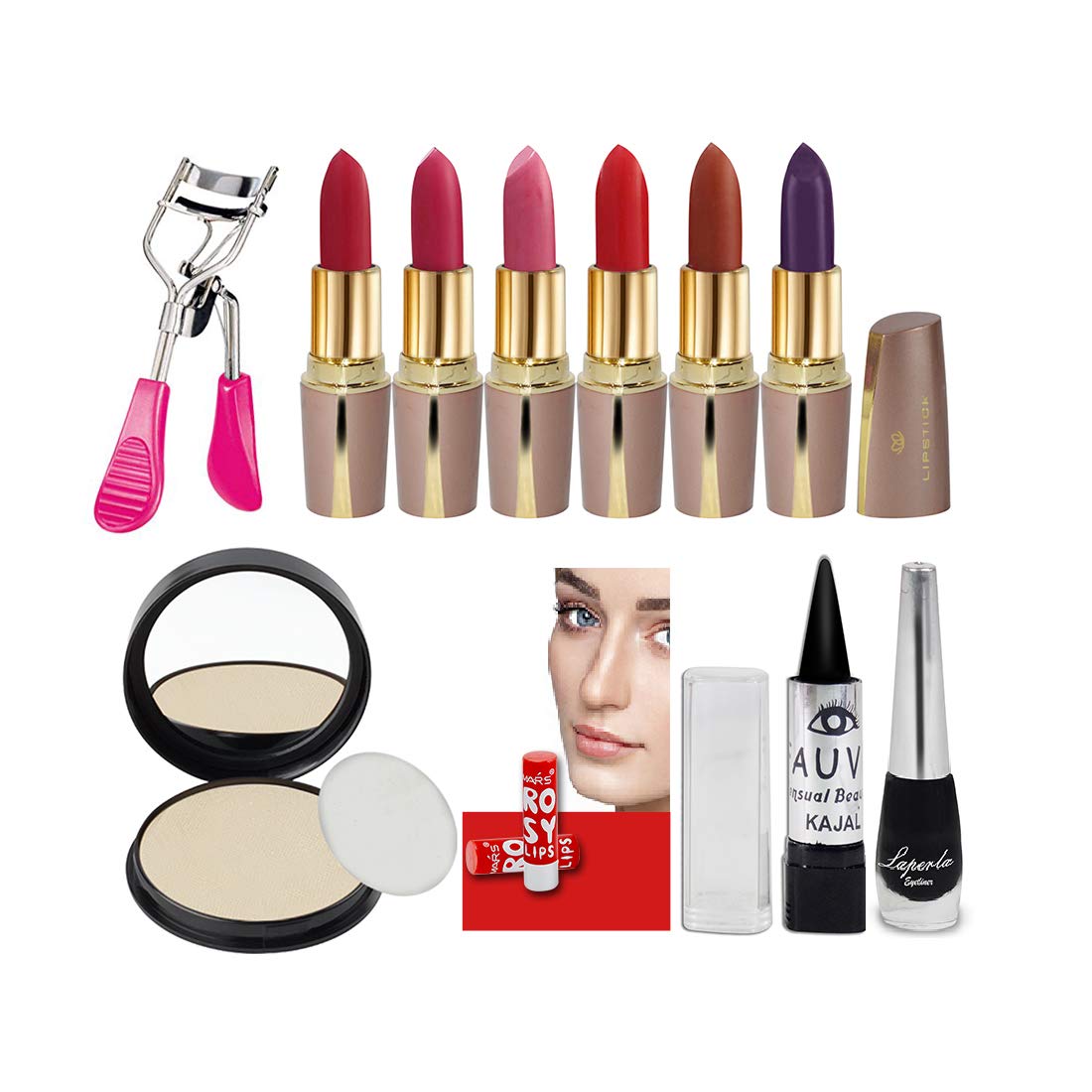 Travel Makeup Combo Sets With Lipstick, Compact, Eyeliner, Eye Curler, Lip Balm, Kajal, Long-Lasting, Smudge-Proof, Cruelty-Free, Enhance Your Natural Beauty & Gives Flawless Complexion