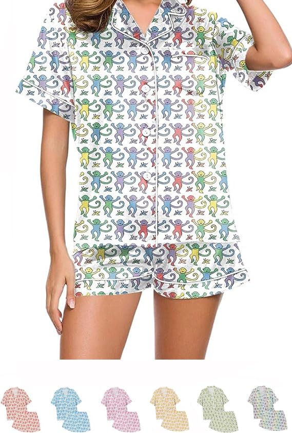 ENVGSOMP Womens Pajamas Set 2 Piece, Monkey Pyjama Pjs Girls Dress Nightgown Cute Animals Nightwear Lounge Y2k Sleepwear (Multicolor,X-Large)