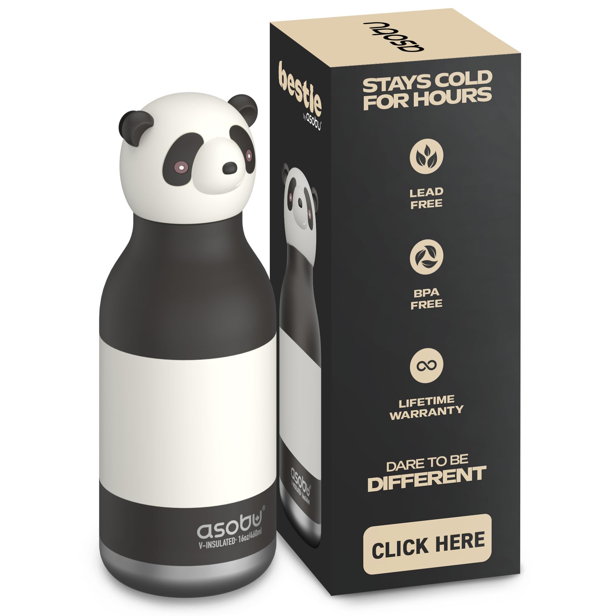asobu Bestie Panda Insulated Flip Straw Kids Bottle Stainless Steel Leakproof 500 ml