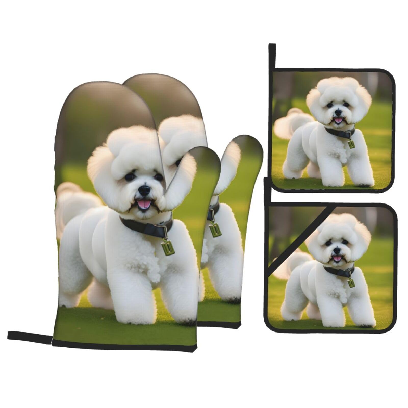Bichon Frise Dog on the grass Print 4-Piece Oven Microwaving Set Kitchen Gloves for Holiday Cooking Baking Grilling