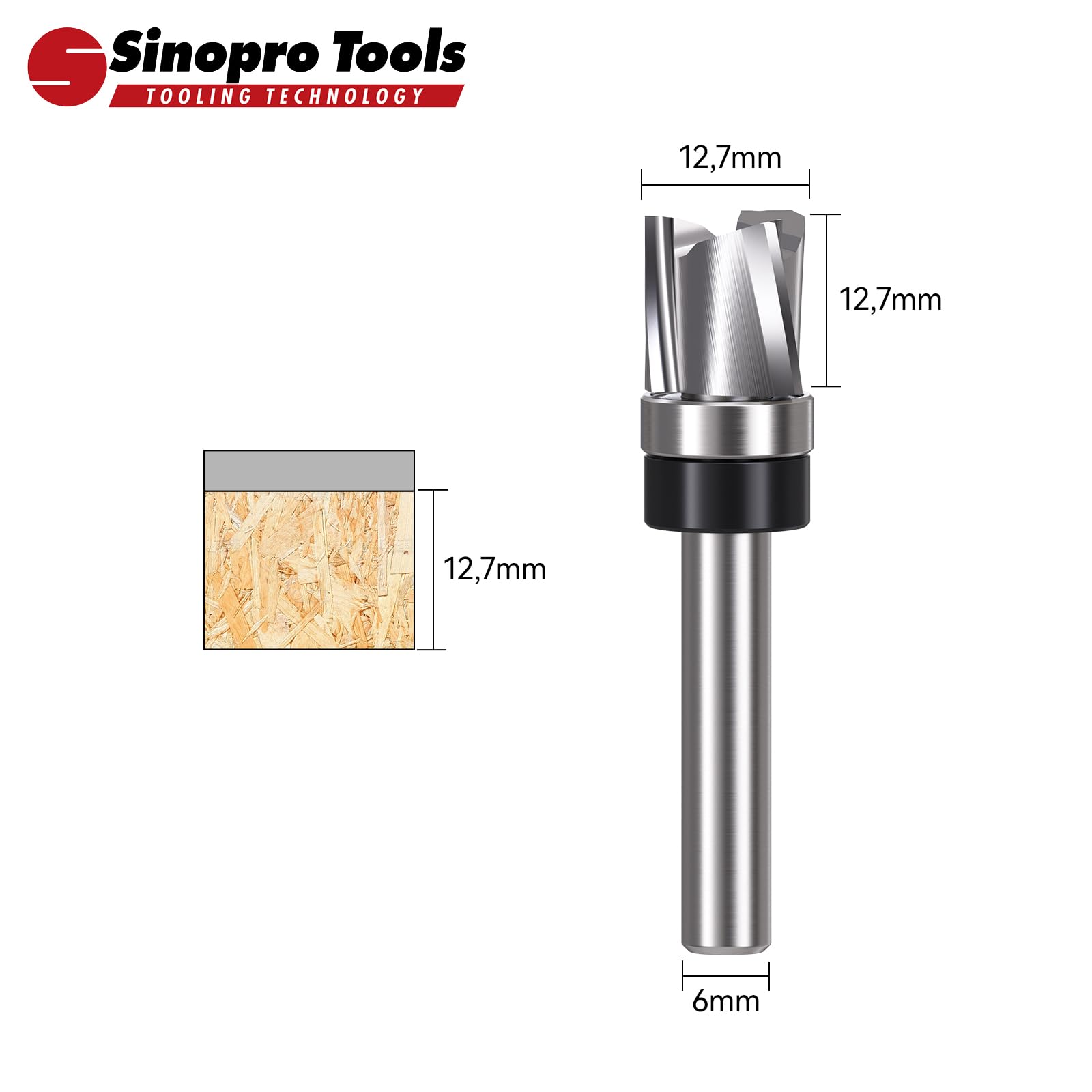 Fraise Hélicoïdale Carbure Monobloc, Queue 6 mm, 3 Dents Downcut, Diamètre de Coupe 12,7 mm, Longueur de Coupe 12,7 mm, Fraise à Affleurer pour Bois et Copiage de Profil
