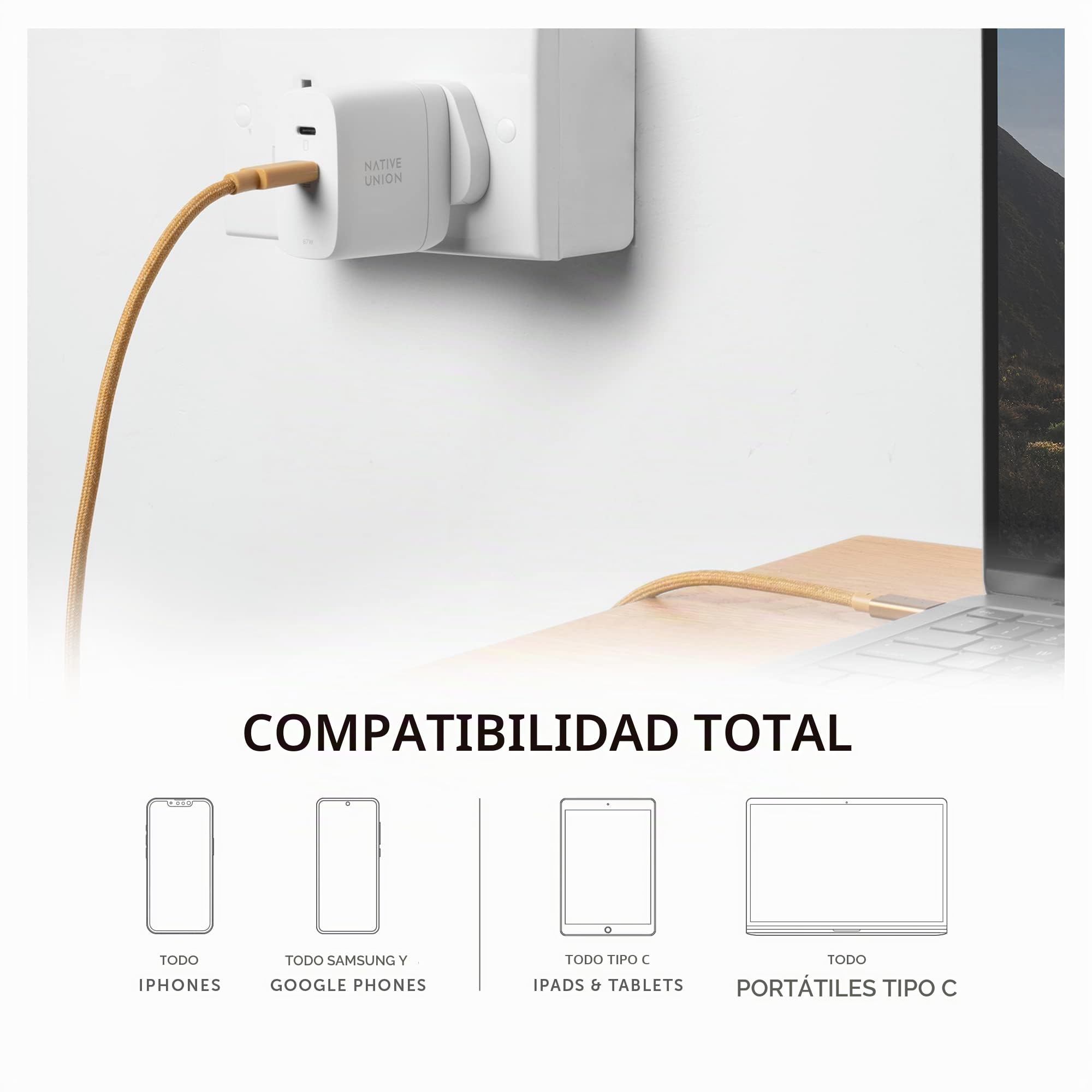 Native Union Cargador de GAN rápido PD 67W - Cargador USB-C Ultracompacto de 67 W con Power Delivery - para MacBook Air, iPads, iPhones y Más (Negro)