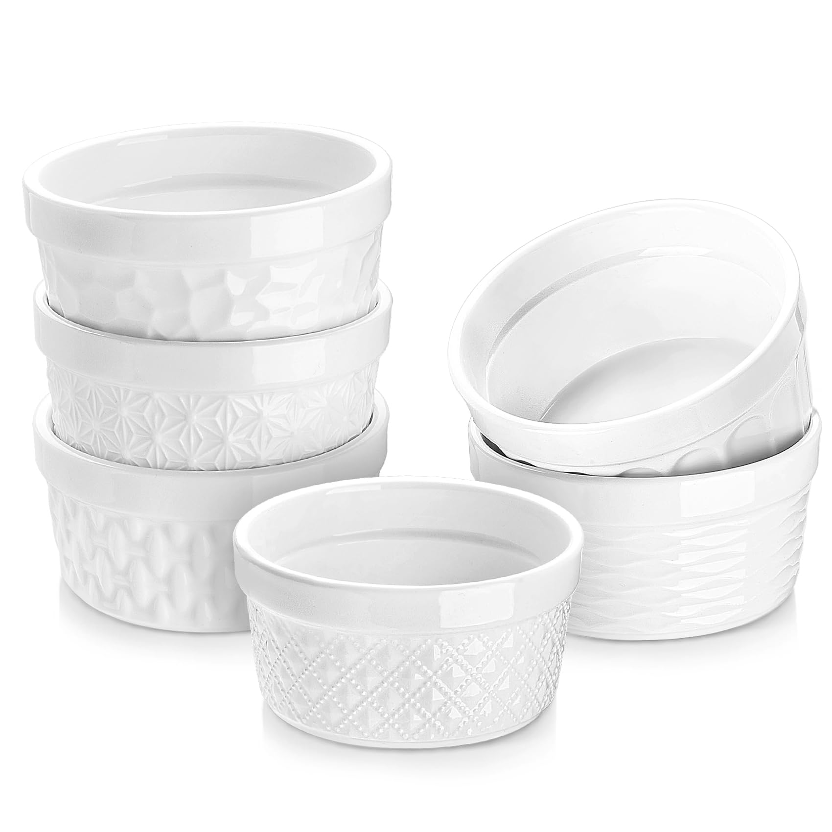 Angju Ramekins Oven Safe Set of 6, 8 oz Ceramic Creme Brulee Ramekins for Baking, Classic Embossment Porcelain Custard Cups Ramekin, Stackable Dishes Bowls for Pudding, Serving Dip, Ice Cream