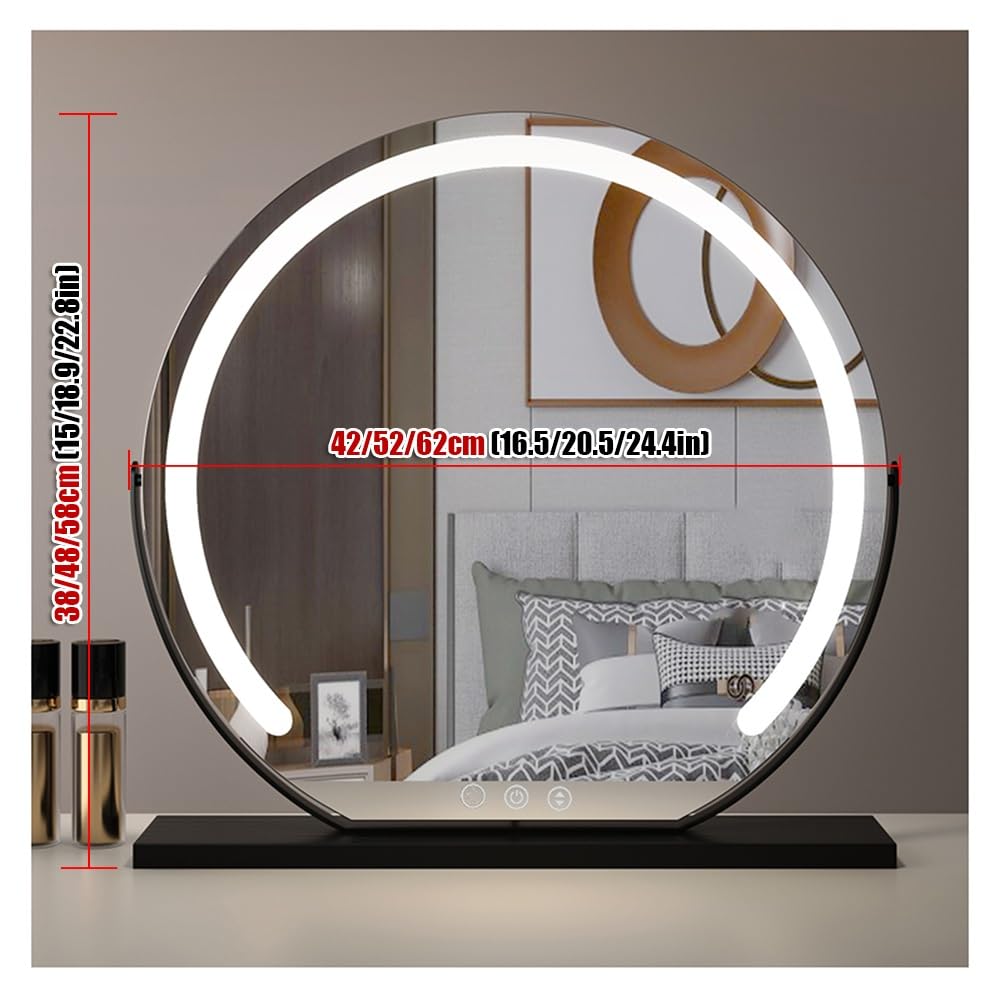 Smart Touch Control Ty-Spiegel mit Lichtern, 360° drehbar, 3 Helligkeitsstufen (weiß/natur/warm), Größe 62 x 58 cm, perfekt für Make-up und Pflege