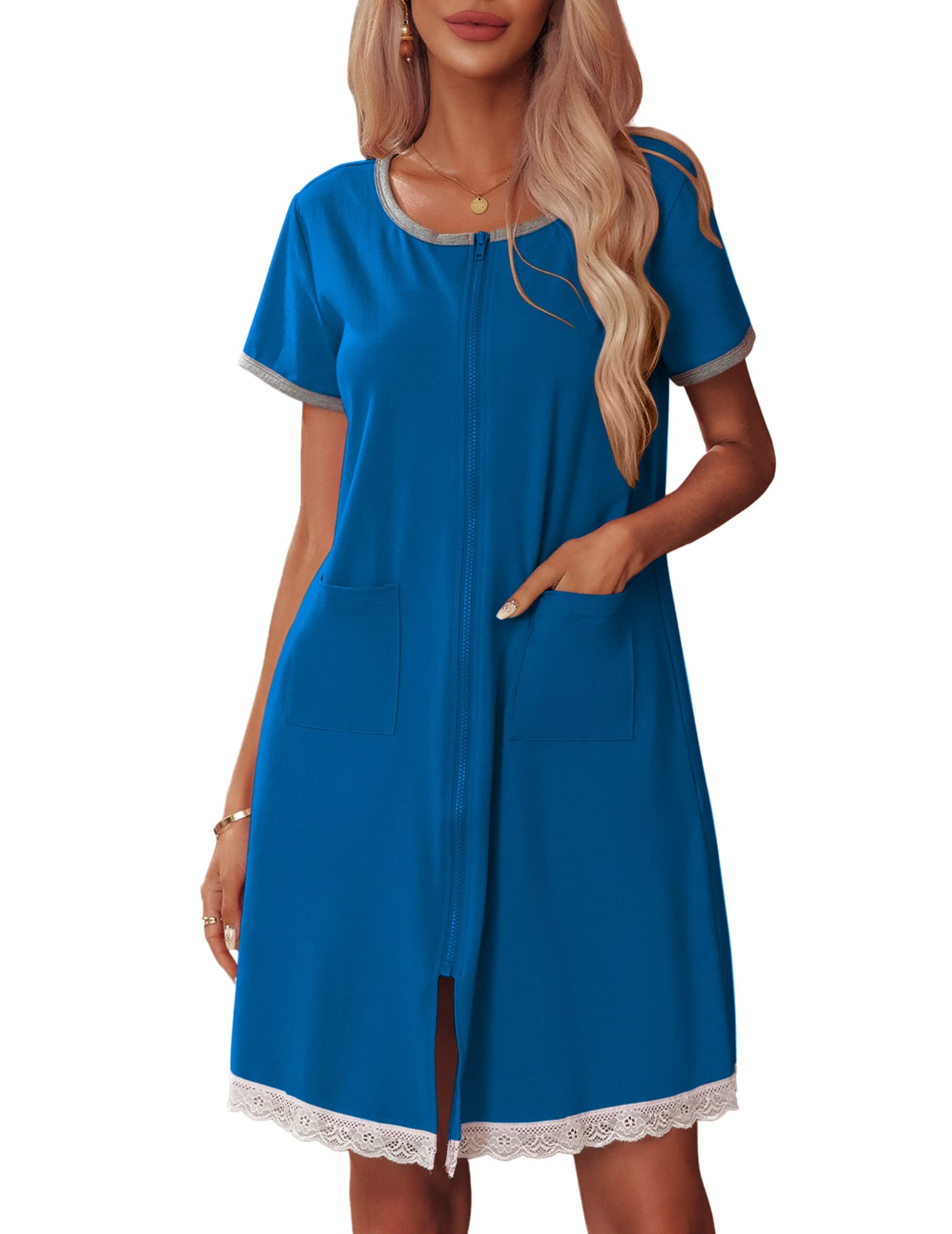 EkouaerWomens Zip Front Robes Lightweight House Coat Zipper Nightgown(S-XXL)