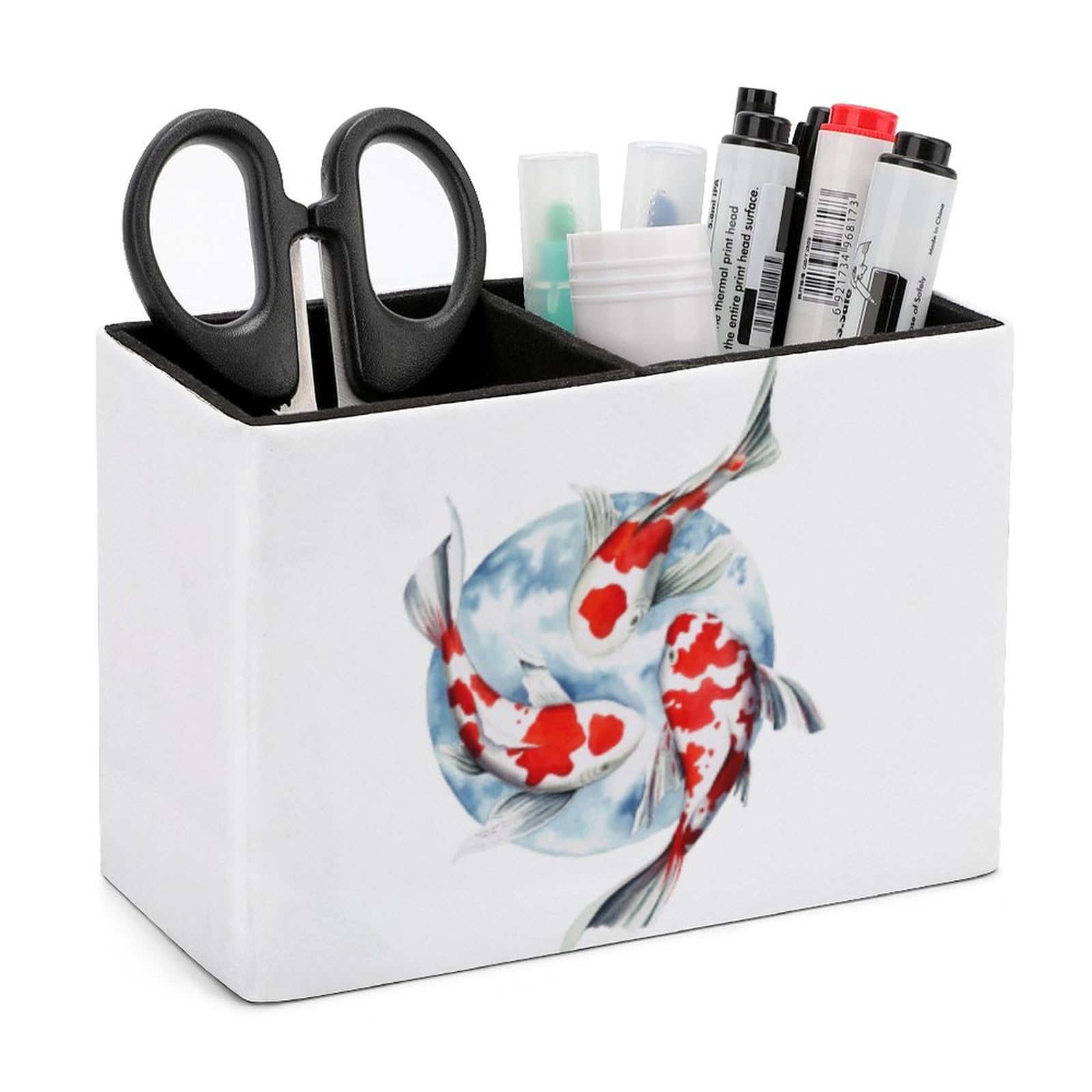 Amazon.co.jp: ペンスタンド 和風 金魚 鯉 和柄 ペン立て 2格 レザー製