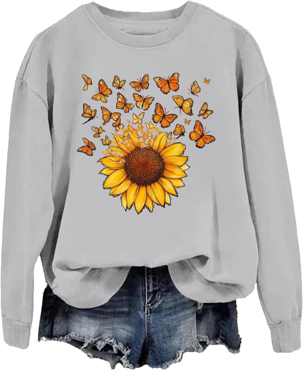 DarkJoy Womens Sunflower Sweatshirts Graphic Hoodie for Women Sunflower And Butterfly Shirt Long Sleeve