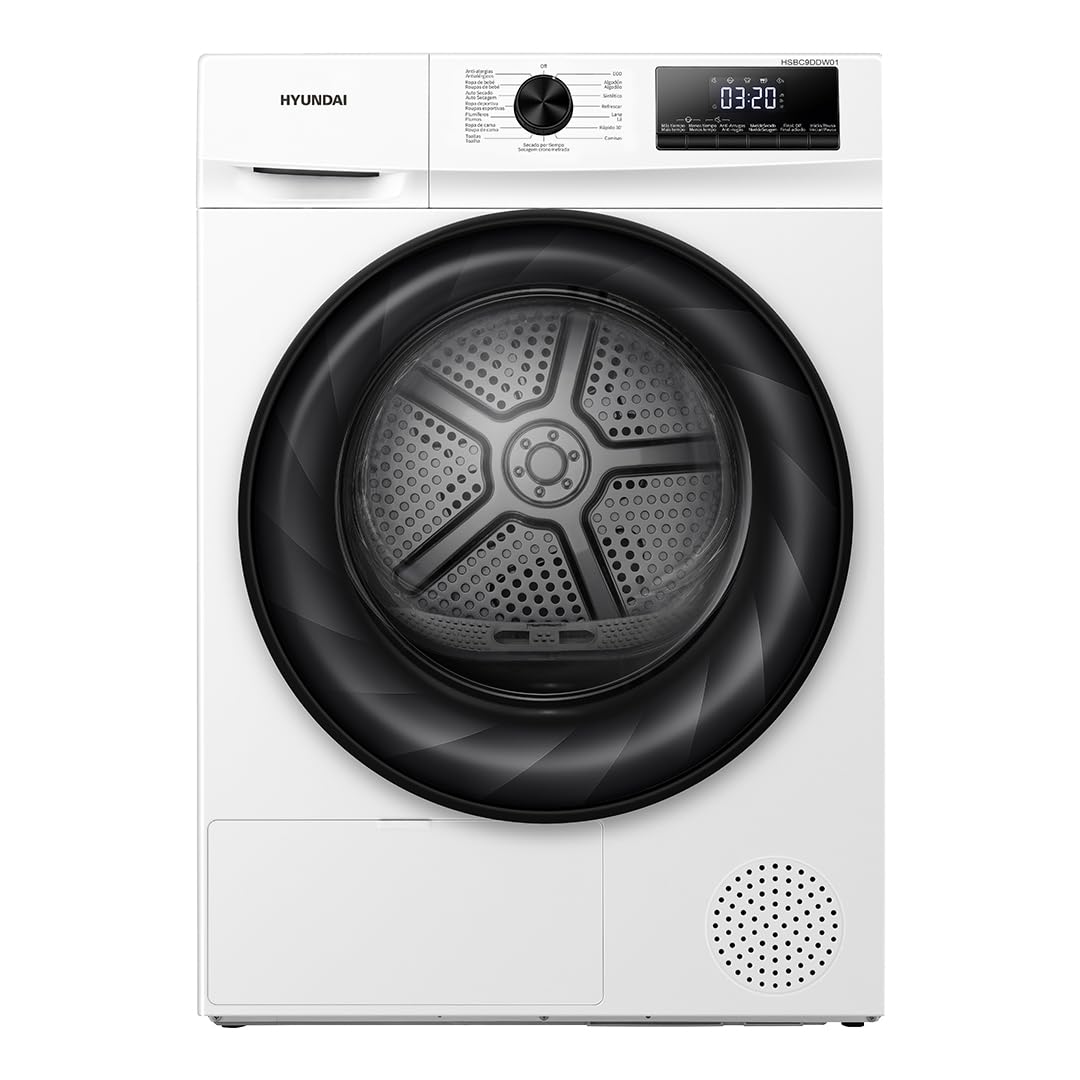 Hyundai Secadora Bomba de Calor, Secadora de Bomba de Calor, 9kg, Carga Frontal, Blanco, HSBC9DDW01. 650W, 15 Programas, Función Antiarrugas, Tambor Waterdrop, Display LED, Clase D