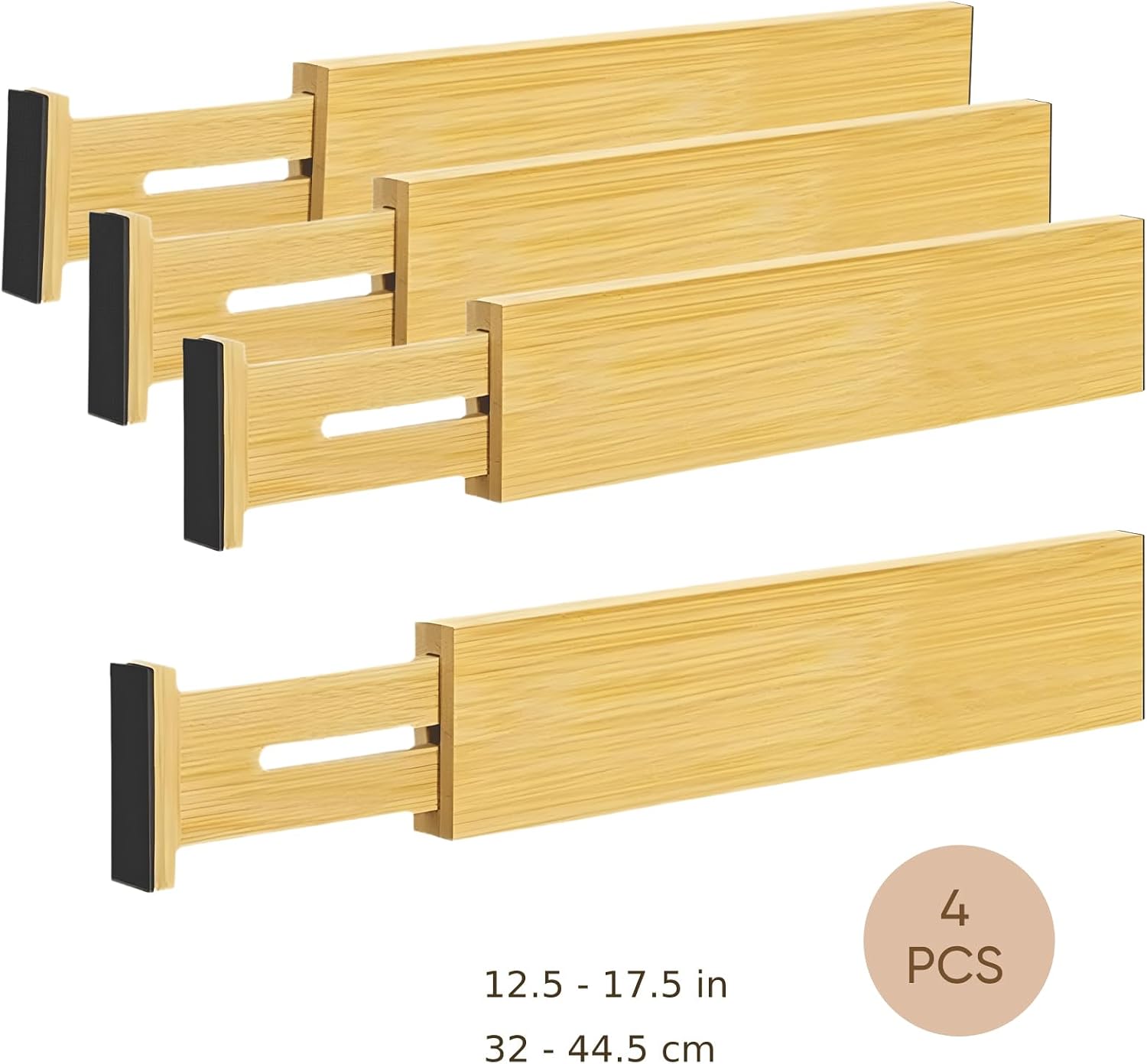 4 PCS Expandable Wooden Drawer Dividers, 2.6 in High Adjustable Wood Drawer Organizers, 12.5 to 17.5 in Spring Loaded Separators for Clothing, Kitchen Utensils, Desk, Bathroom Storage