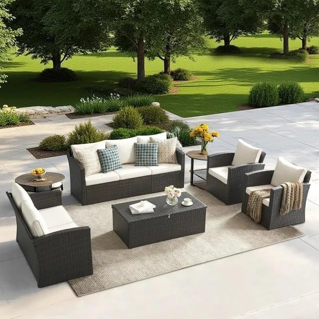 5 Piece Wicker Patio Conversation Set All Weather PE Rattan Sectional Sofa Set with Storage Coffee Table for Outdoor Furniture Garden Backyard
