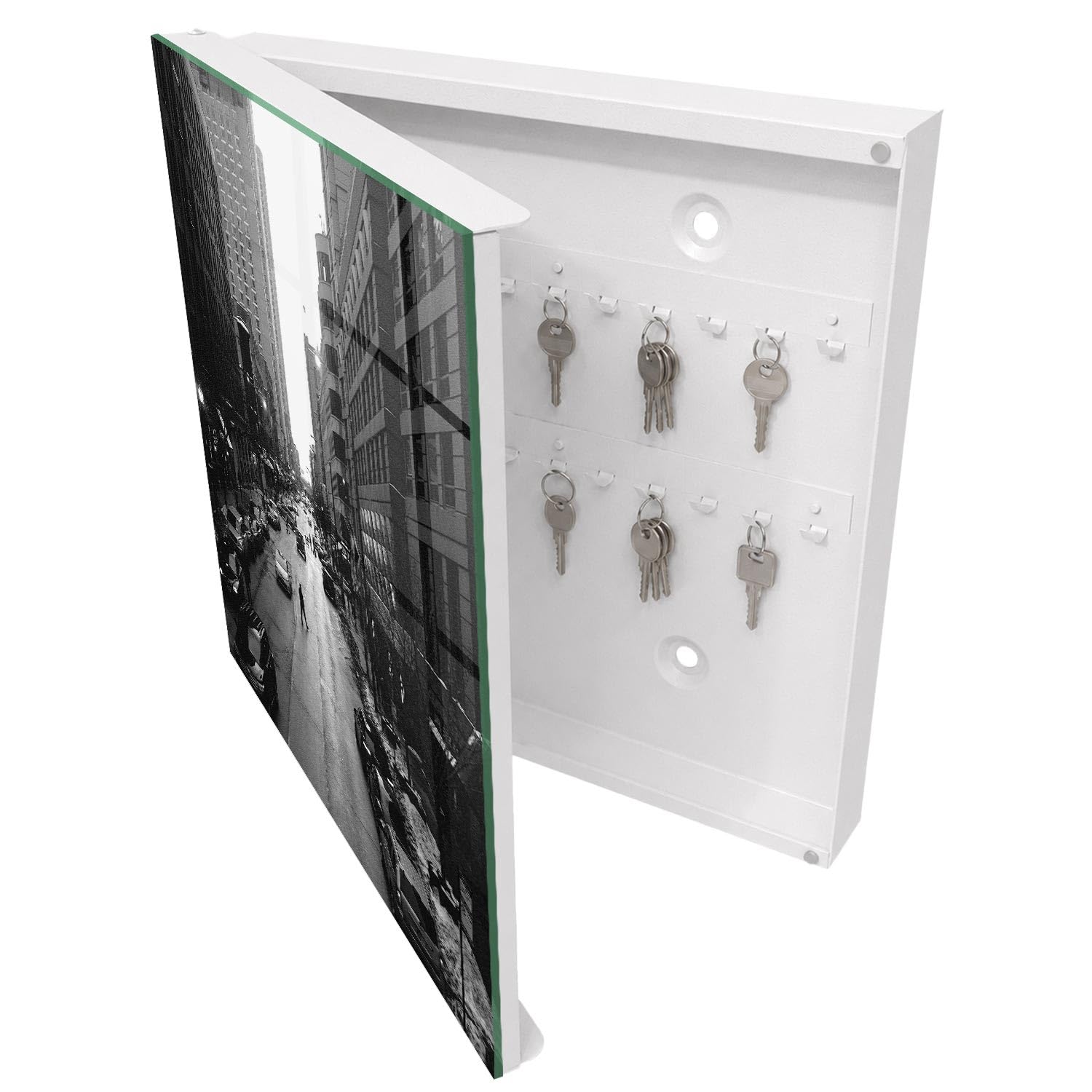 Armadietto Portachiavi 30x30 cm | Bianco | A Sinistra | Montaggio a Parete | Vita urbana quotidiana | Tasselli e Viti Inclusi | in Metallo | Frontale Decorativo in Vetro Temperato | per Uffici