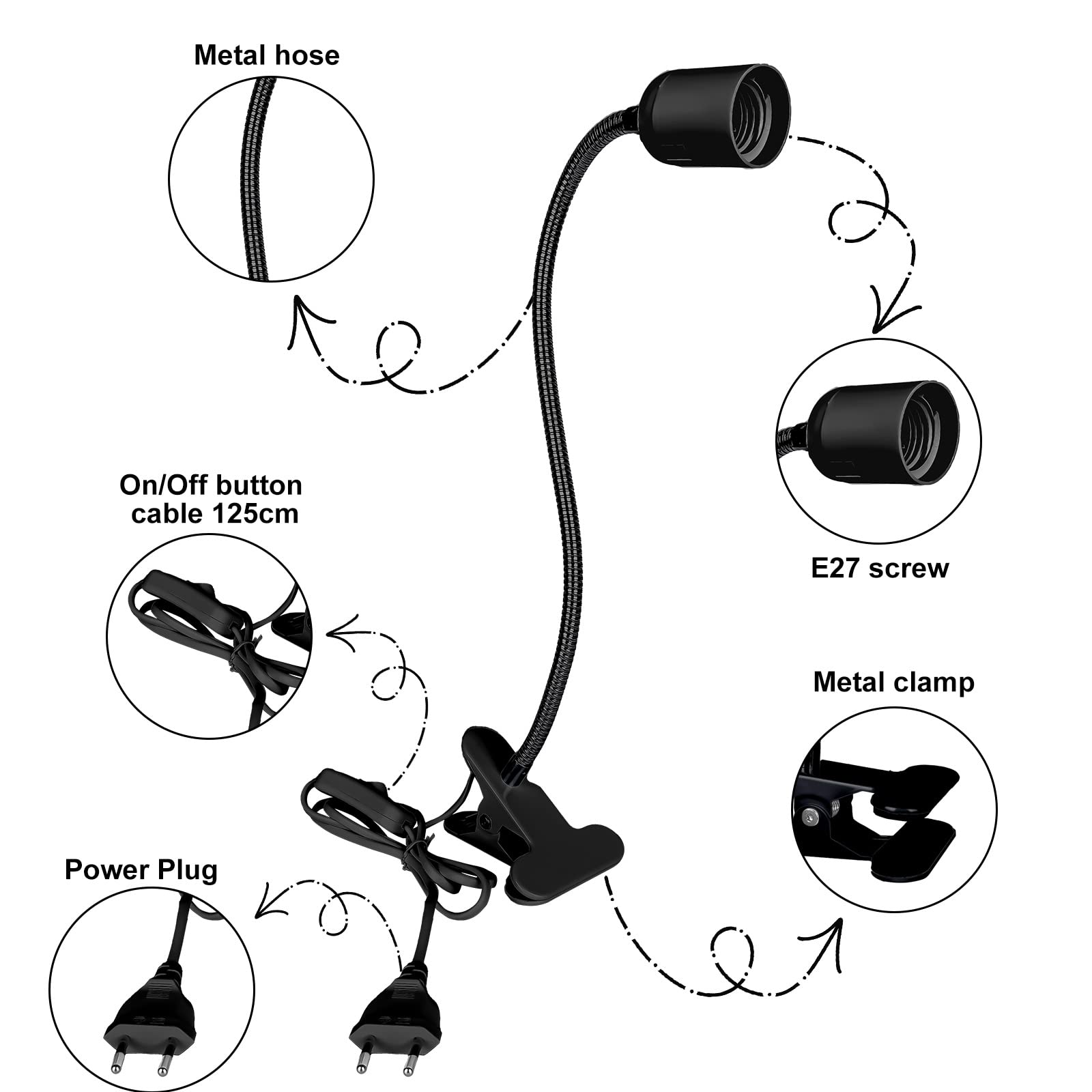 2 Stück E27 Lampenfassung Mit Clip - 360° Schwanenhals Beleuchtung