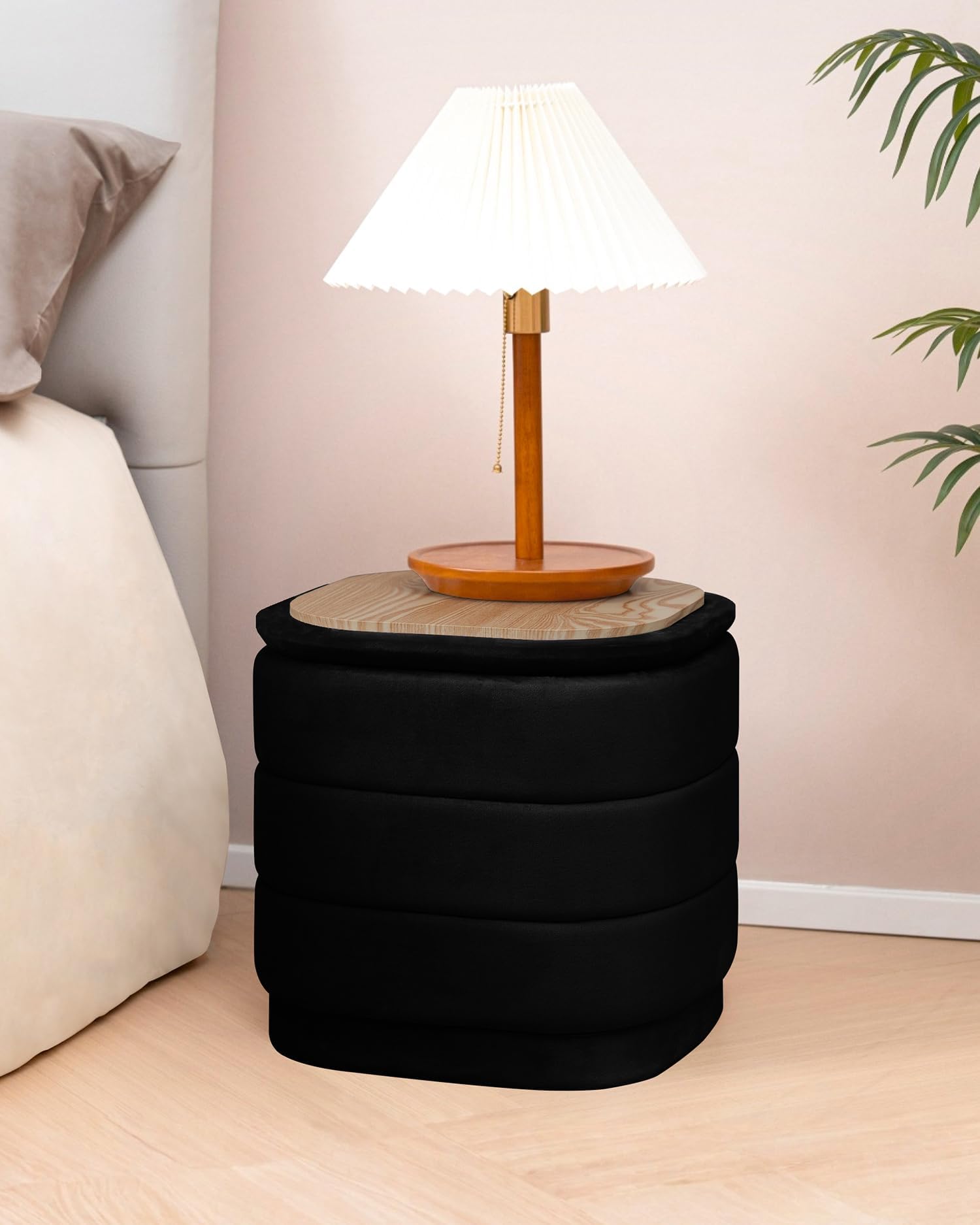 Bonlife otomana con Espacio de Almacenamiento, reposapiés Plegable con Mesa, reposapiés, reposapiés para salón, Dormitorio, Pasillo, Terciopelo Negro, 38 x 38 x 38 cm