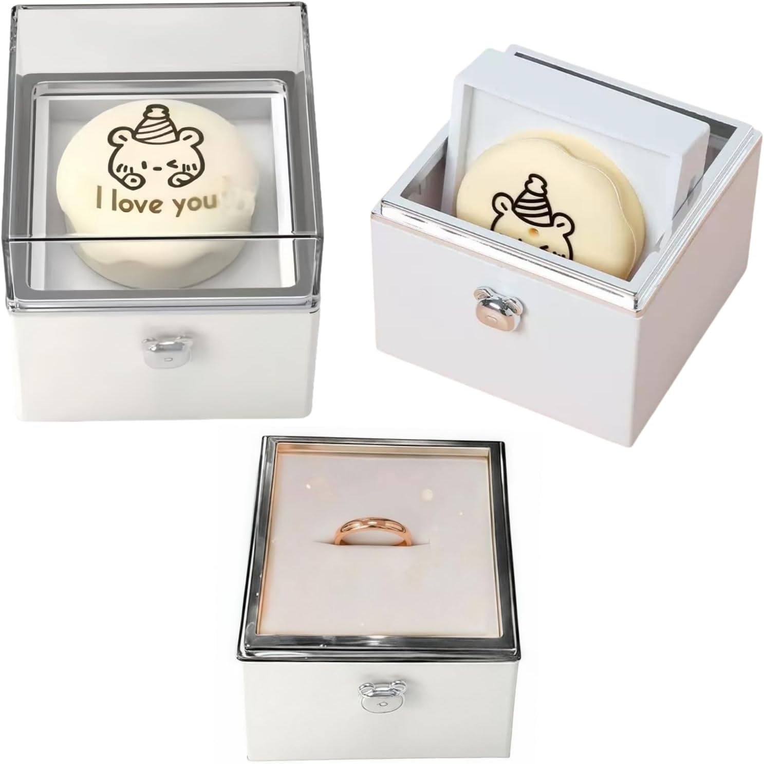 Rotating Reversible Ring Box, Ring Holder Box with Candles, Birthday Cake & Little Bear Design, Romantic Proposal Jewelry Holder for Valentines, Anniversaries, Weddings, Birthday Gift for Her (Love)