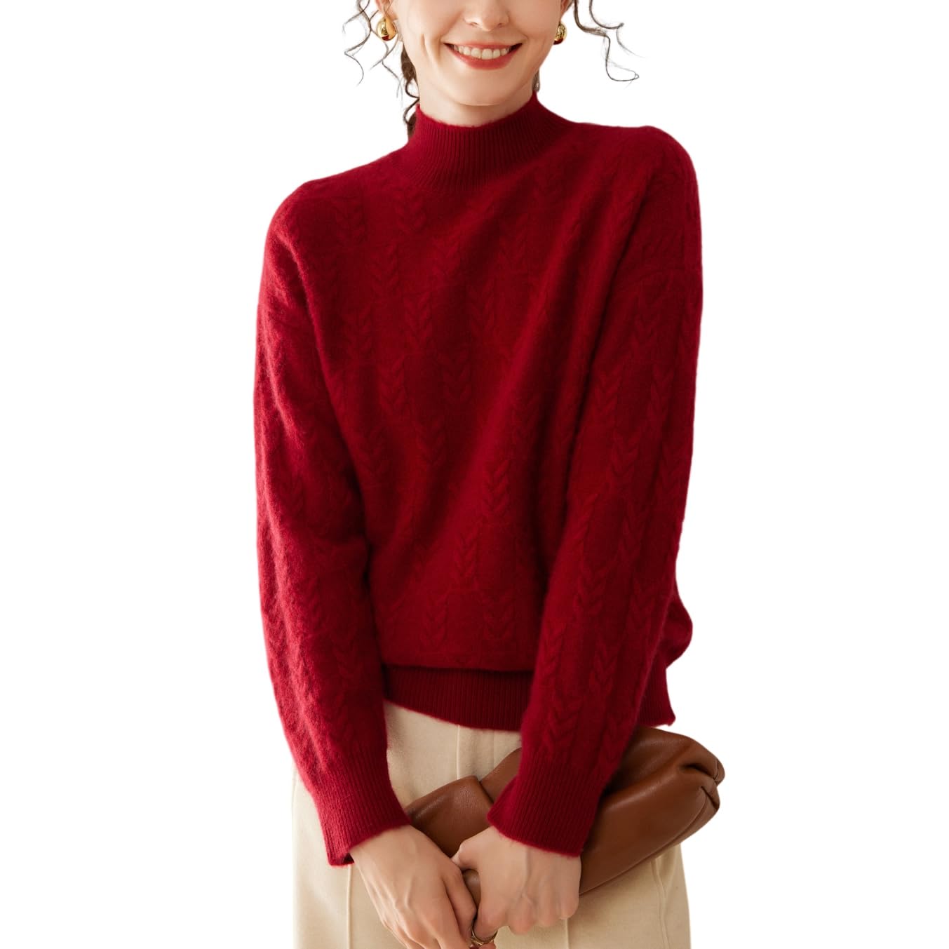 DISSA DF8098 - Maglione da donna in cashmere con colletto alto, a maniche lunghe, in lana di cashmere, motivo a treccia