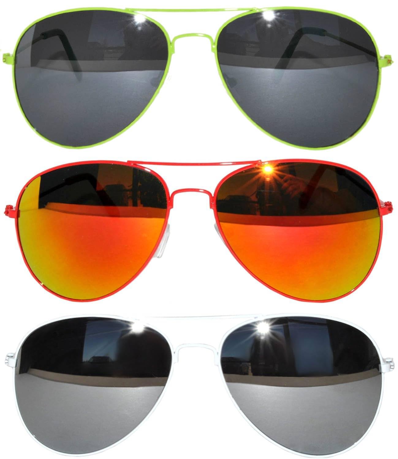 OWL Set of 3 Pack Aviator Style Sunglasses Colored Metal Frame Mirror Lens Smoke Lens