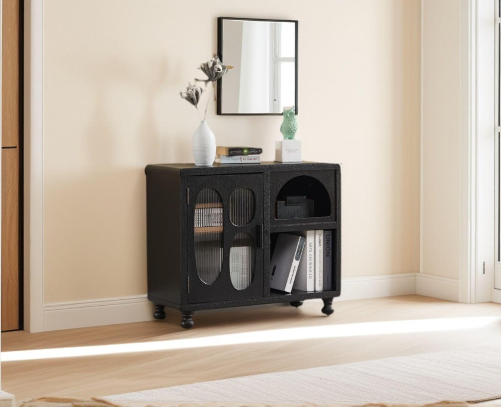 Ya-Home Armario Bajo de Almacenamiento Interior y Exterior 35X80X68cm, Aparador de Madera con 1 Puertas y 3 Comparticiónes Salon/Cocina/Dormitorio,Negro