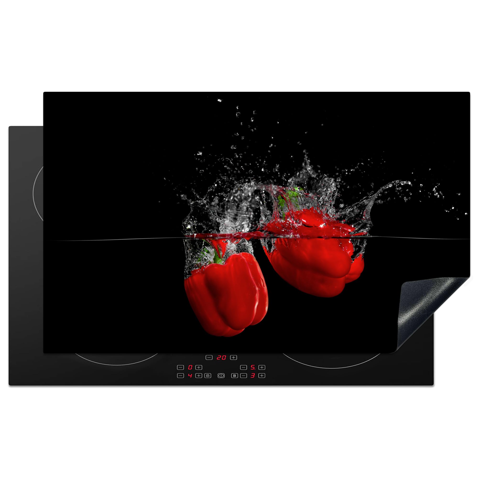 KitchenYeah© Induction Hob Protector Mat 20.3"x32.7" / 83x51.5 cm Stove Cap Top Cover Kitchen Cooker Covers for Electric Hobs Vinyl Pepper - Vegetable - Still Life - Water - Red