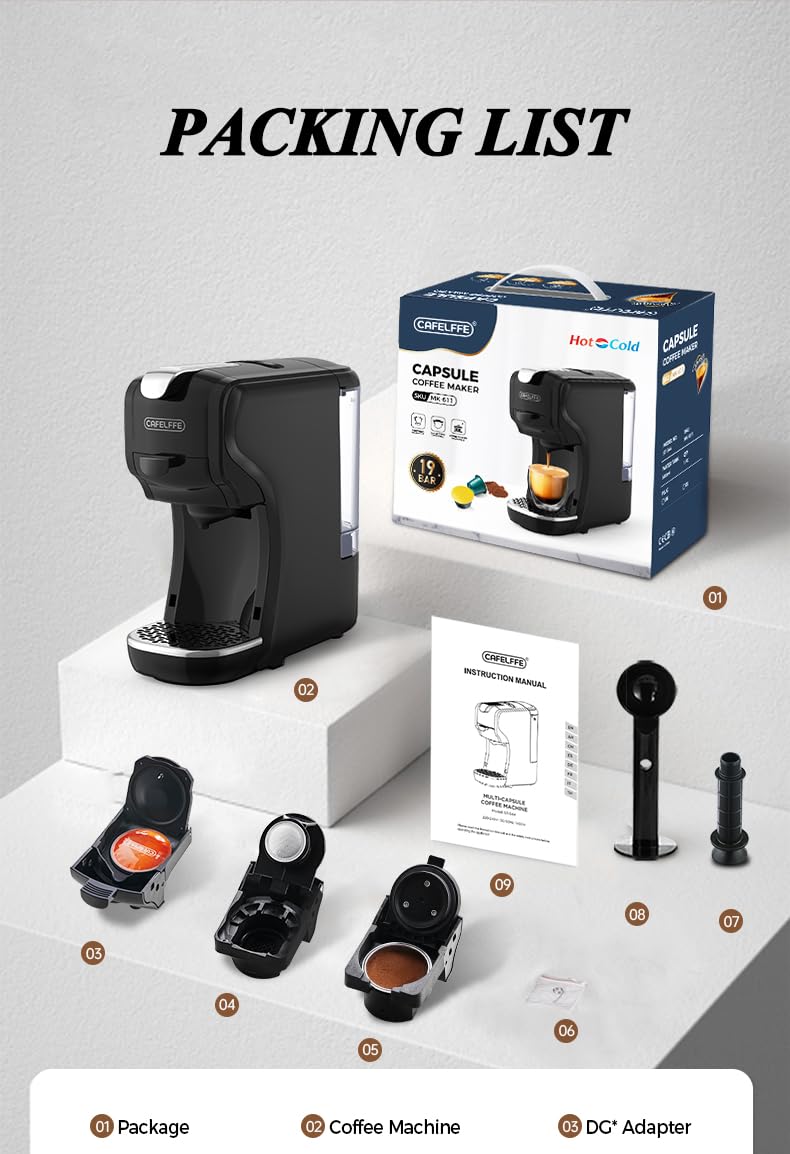 CAFELFFE MK-611 - Caffettiera a capsule 3 in 1, altezza tazza regolabile, macchina per caffè espresso caldo/freddo per uso domestico/ufficio, compatibile con macchine da caffè NES Original/DG/Ground