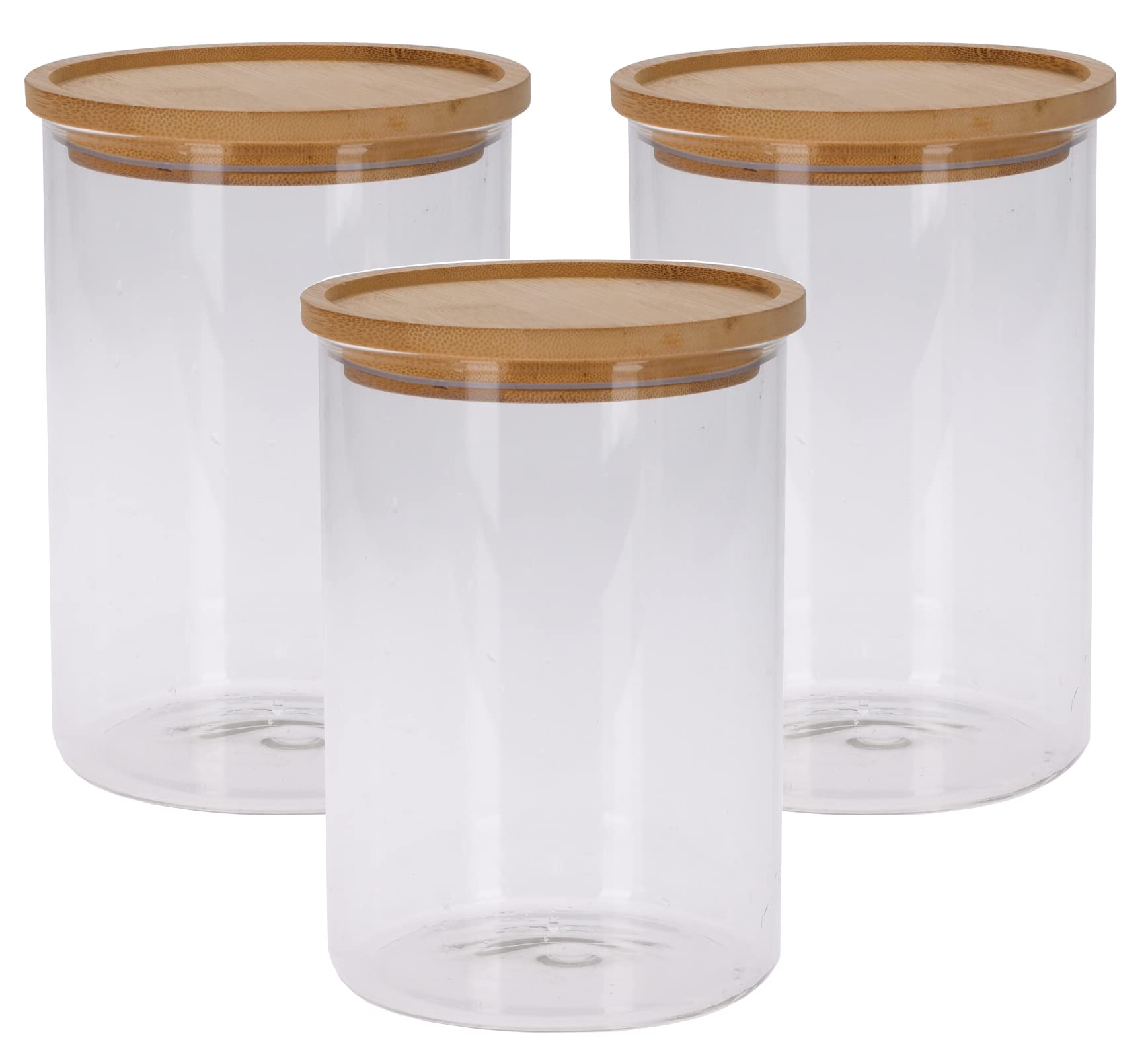 Muddy Hands Set of 3-1700ml Glass Storage Jars with Bamboo Lids - Stackable Kitchen Airtight Containers for Tea, Coffee, Sugar, Biscuits, Pasta, Flour, Cereal etc