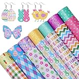 Whaline 14Pcs Easter Faux Leather Sheet Colorful Bunny Eggs Butterflies Pattern Synthetic Leather Glitter Fabric Crafts for Spring Earring Hair Bow Holiday Craft DIY Gifts, 8.3 x 6.3 Inch