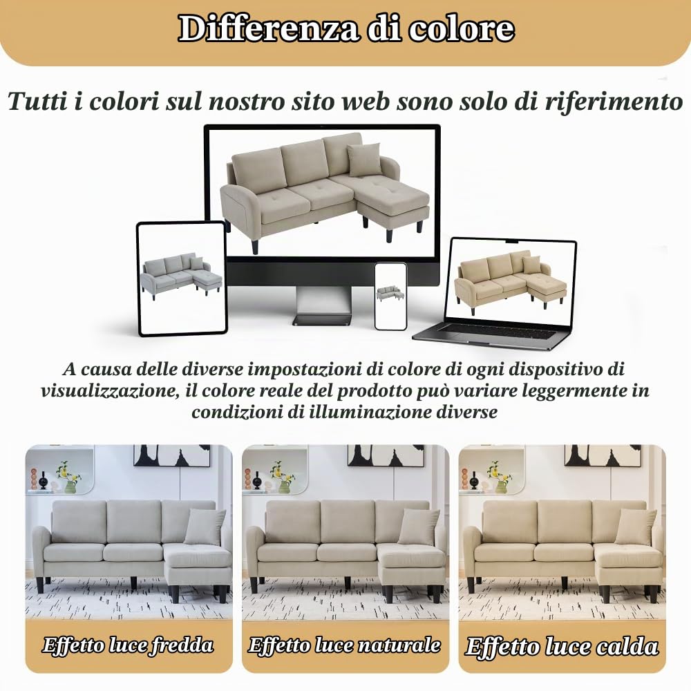 Divano angolare a L con chaise longue, tre posti, 166 x 118 x 77 cm, tessuto in velluto a coste traspirante, gambe in plastica, design modulare, ideale per il soggiorno (Marrone chiaro)