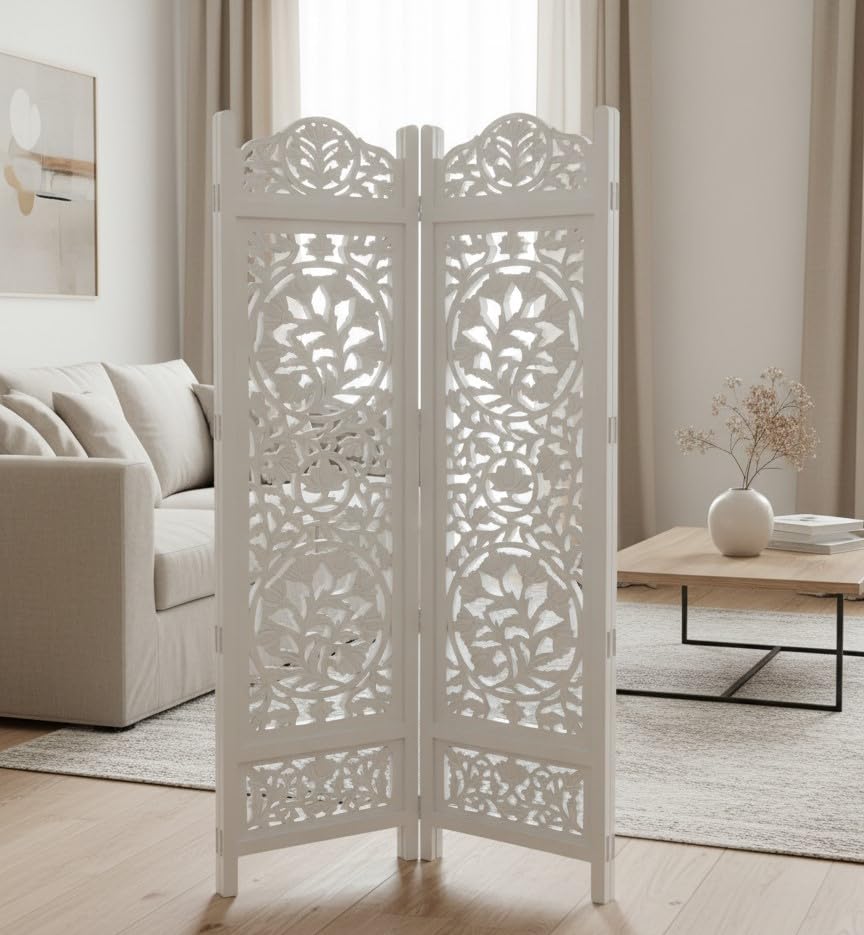 Handcrafted Solid Mango Wood Floral Carved Room Divider in Vintage White – Folding Wooden Partition Screen for Home Décor, Privacy, Background & Room Separator (2 Panel)-image-29