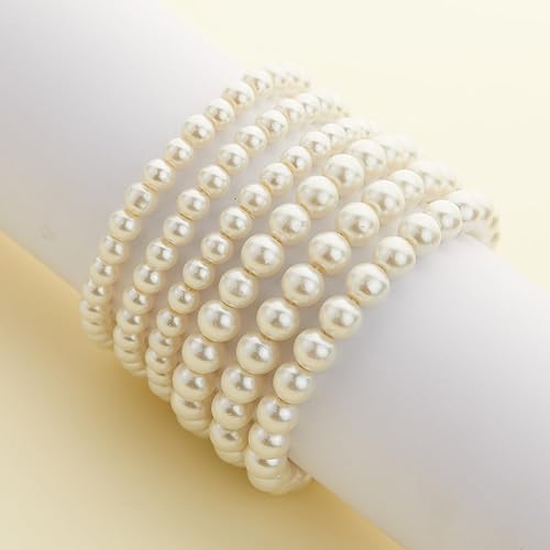 Miniatura 5 de 6 pcs Pearl Bracelet Set, Dainty Pearl Bracelets for Women Stackable, Stretch Beaded Bracelets Elastic, Trendy Jewelry Gift for Women Girls Wedding