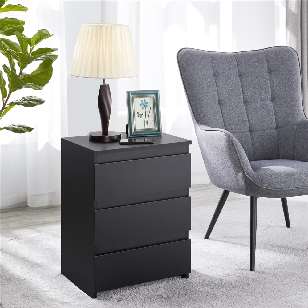 Yaheetech Comodino Camera da Letto Cassettiera Bianco con 3 Cassetti Mobiletto Moderno Tavolino Lato in Legno MDF per Soggiorno 45 x 35 x 60,5 cm Nero