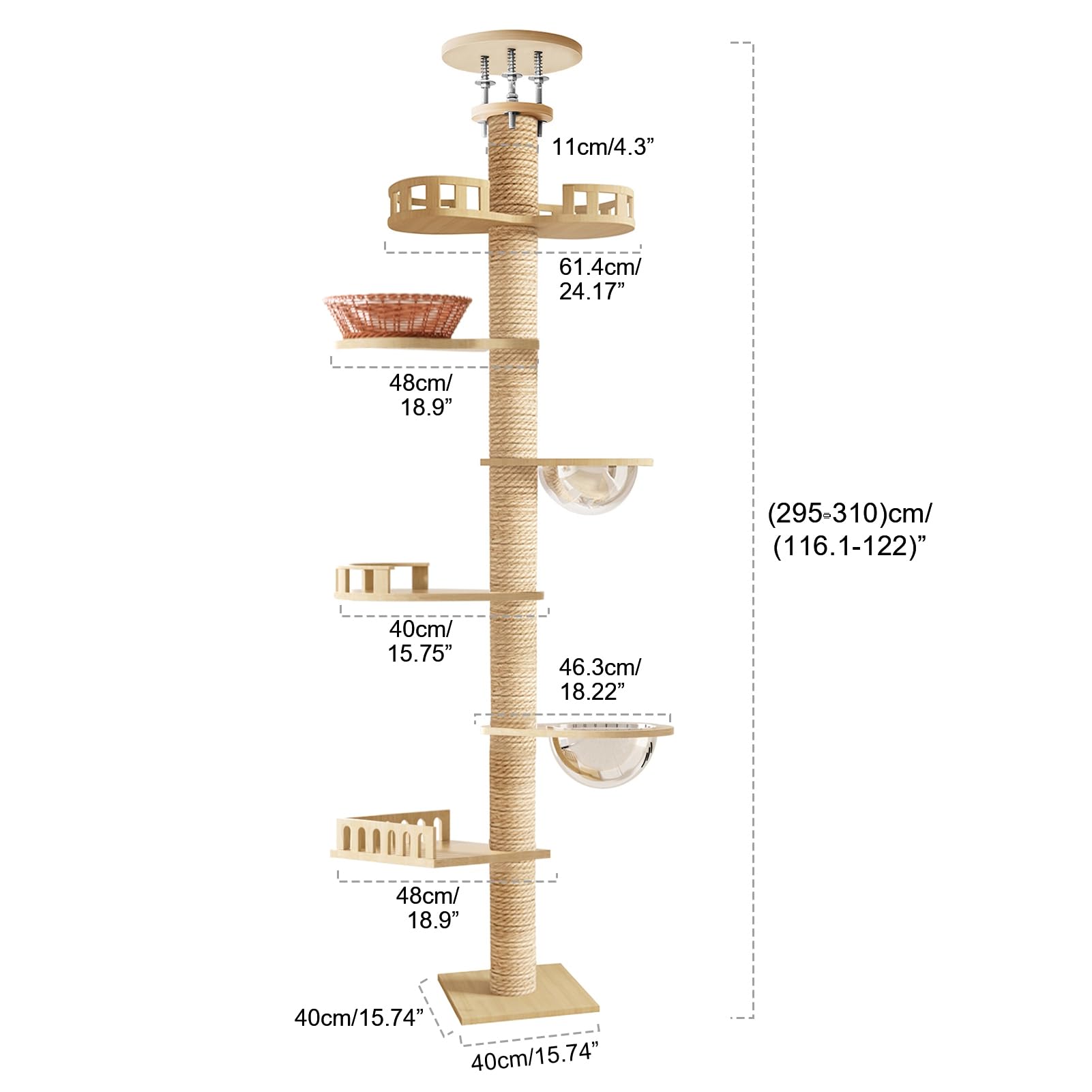 Árbol para gatos, suelo hasta techo, altura ajustable, poste rascador de cáñamo de 6 niveles, árbol de actividad para gatos alto y estable, rascador de gato interior según peso 20-30 kg, 2-3 gatos