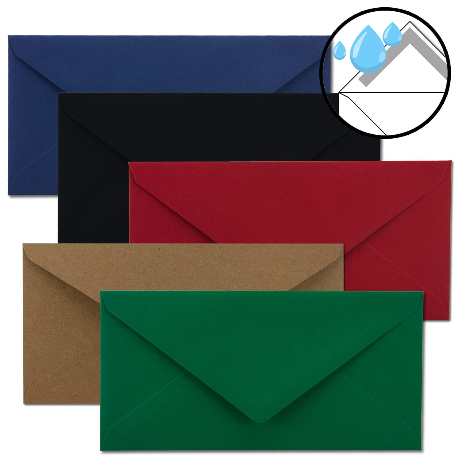 200x Briefumschläge mit Metallic Sternen - DIN Lang - Mix Set 10, Umschläge in Rot, Schwarz, Grün, Blau und Kraftpapier - mit Sternen in Gold