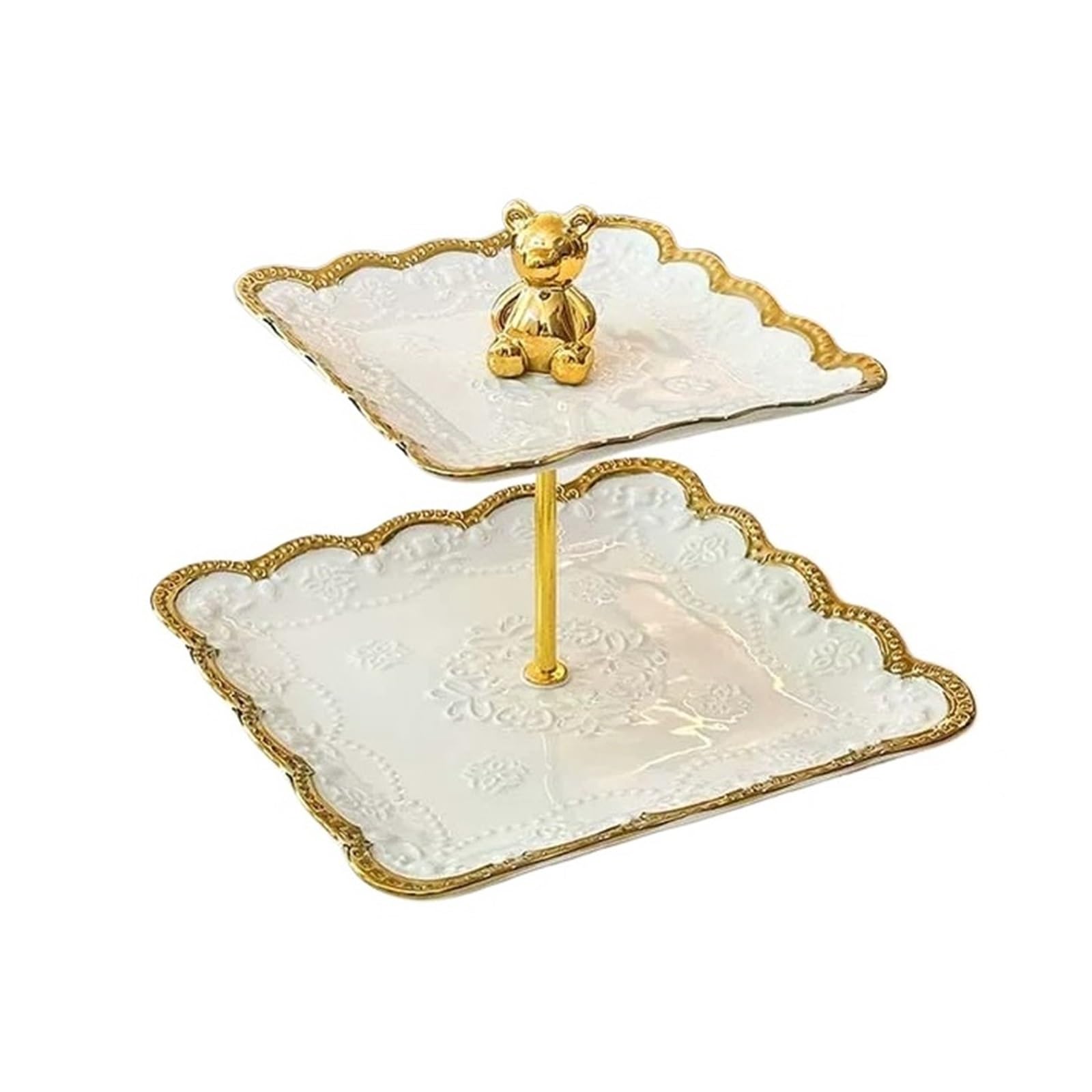 Hhaoran-9868 Tiered Serving Tray Gold-rimmed Golden Bear Ceramic Fruit Platter, Cake Stand, Multi-Tier Dessert Display Cupcake Stand(Small)