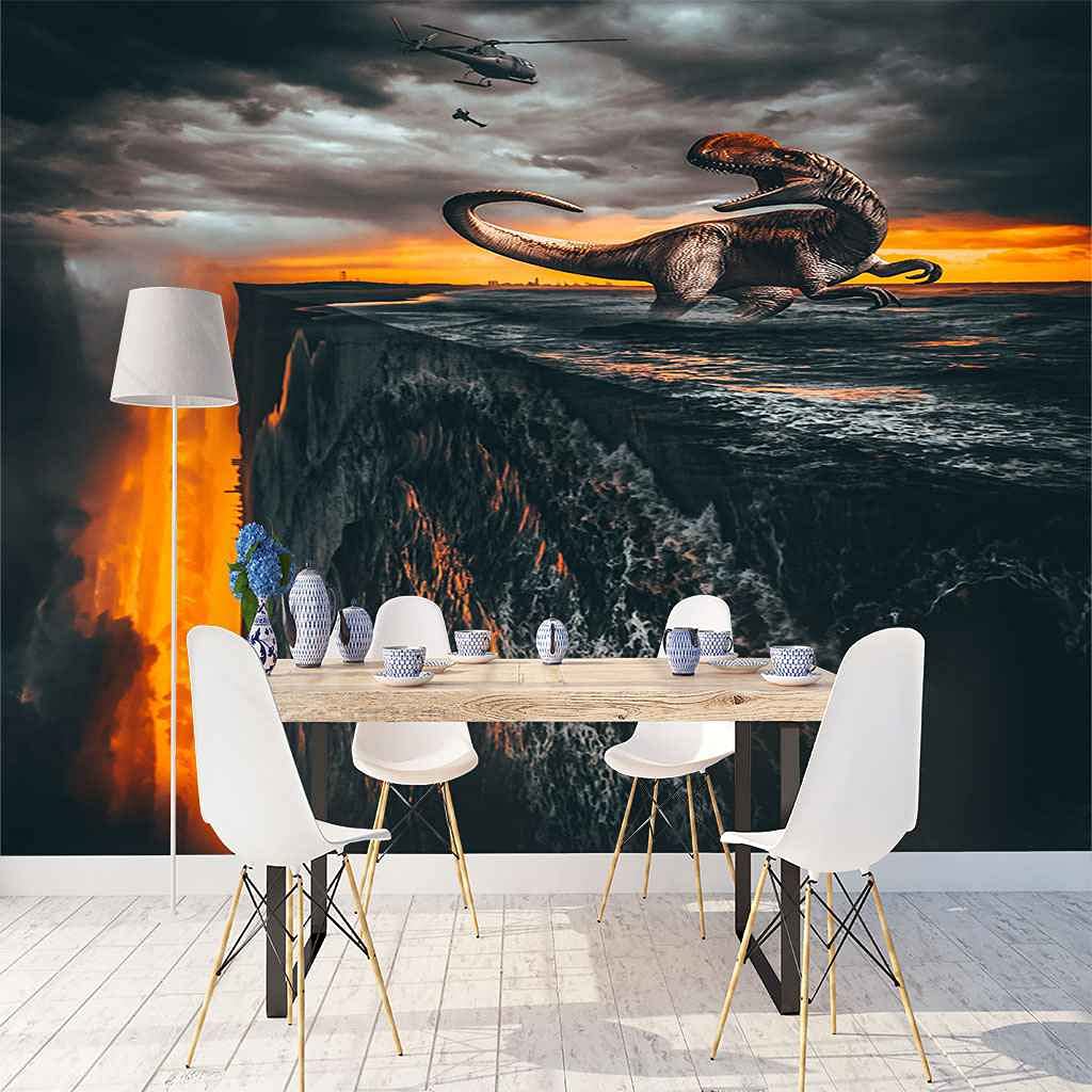 Papier peint 3D dinosaure rouge auto-adhésif 300x210 cm pour la décoration murale du salon