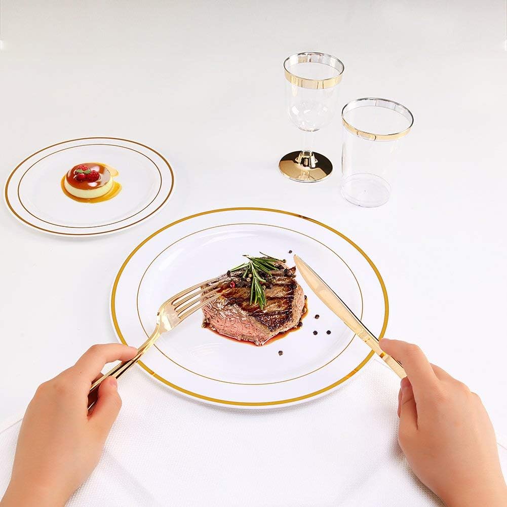 WDF60PCS Heavyweight White with Gold Rim Wedding Party Plastic Plates-180 Pieces Disposable Plastic Gold Silverware Cutlery