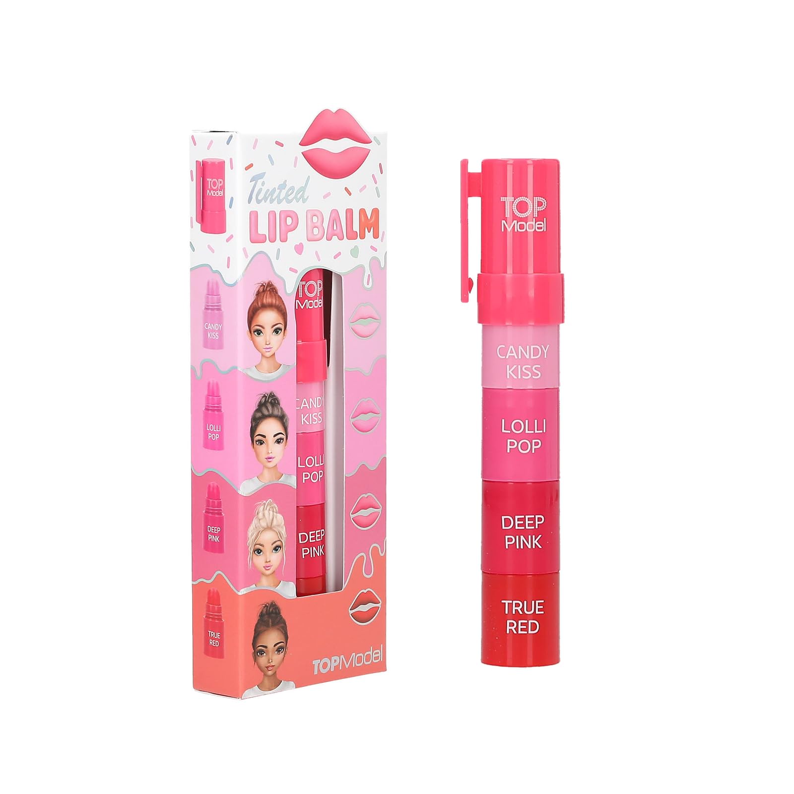 Depesche 14075 TOPModel Candy Glam Tinted Lipbalm - zestaw do pielęgnacji ust, z 4 indywidualnymi kolorami, od czerwonego do różowego, do łączenia, o słodkim zapachu waty cukrowej
