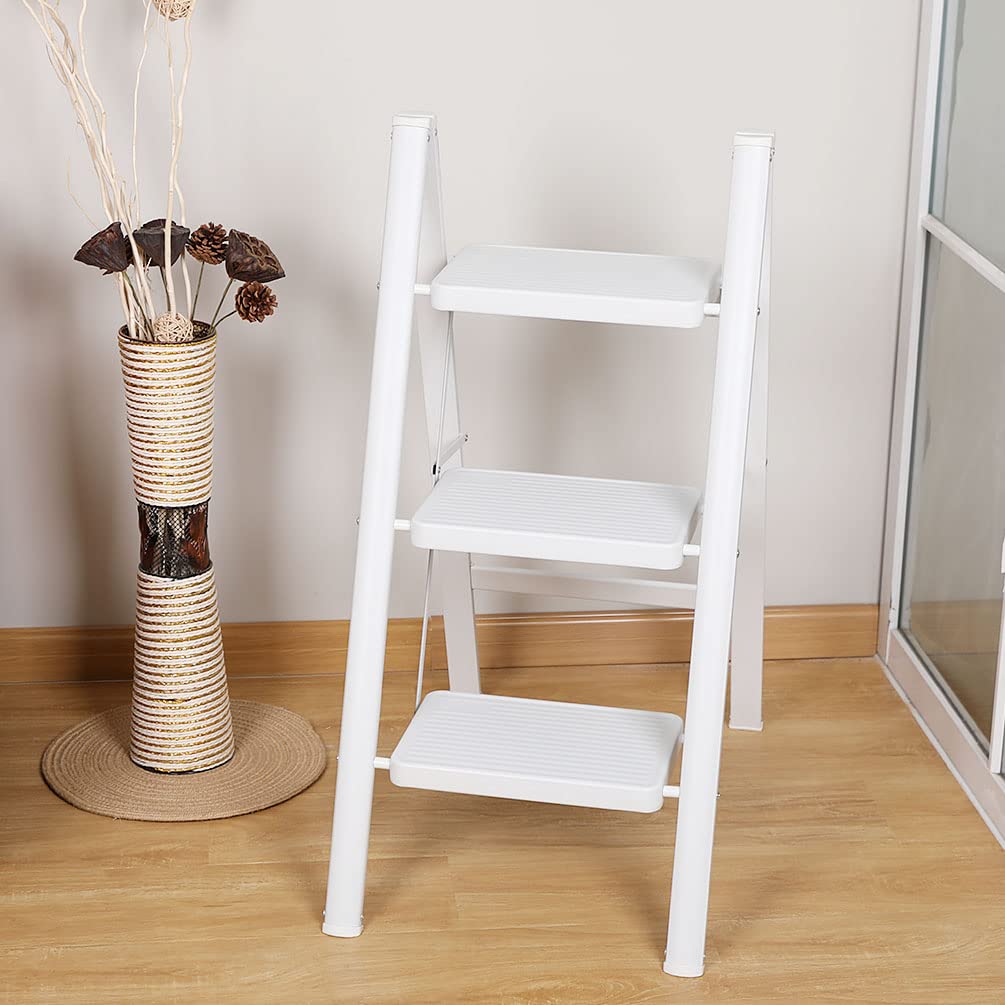 BAOYOUNI Scaletta Pieghevole Leggera e Portatile Scala Domestica 20 cm Pedale Largo Sgabello Antiscivolo Multiuso per Casa Cucina Ufficio Esterno, Portata massima 150 kg (3 Gradini, Bianco)