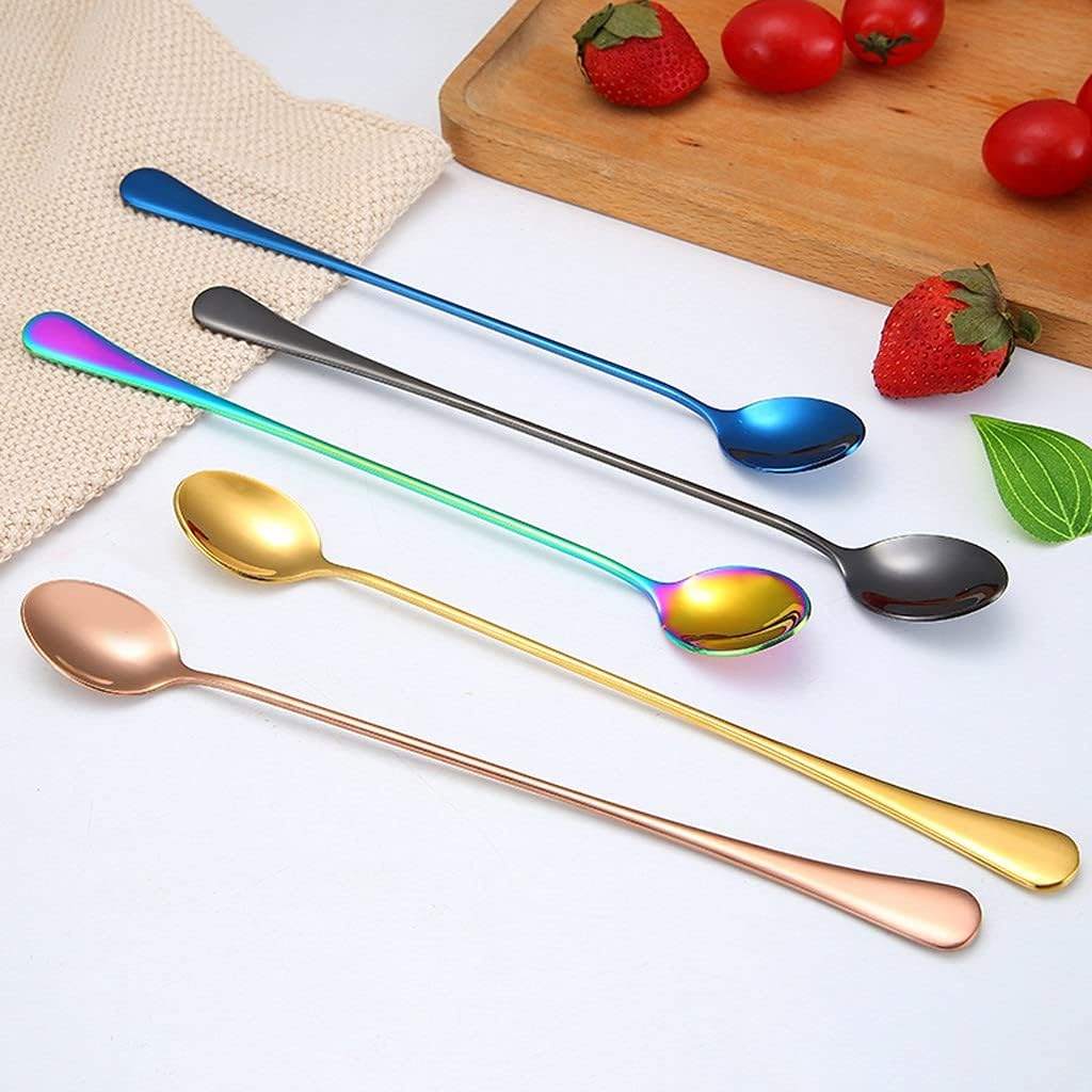 Tea Spoons Stainless Steel Mixing Spoon Cake Dessert Spoon Teaspoon, Thickened Long-Handled Soup Spoon Ice Tea Spoons (Color : A, Size : 5 Pieces) (Blue 5 Pieces)